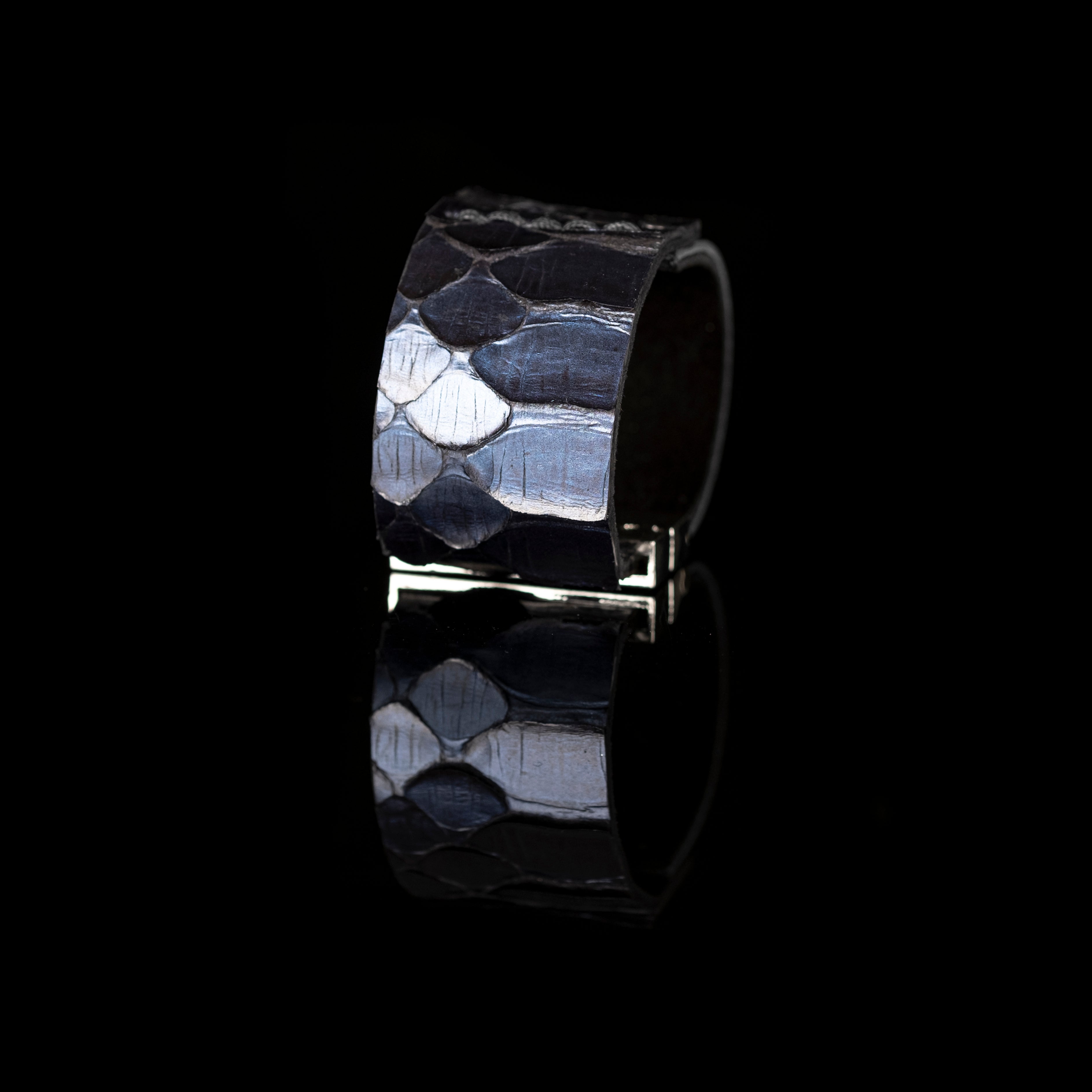 Midnight blue python leather cuff bracelet with natural scale texture, handmade exotic statement cuff by THE DARK
