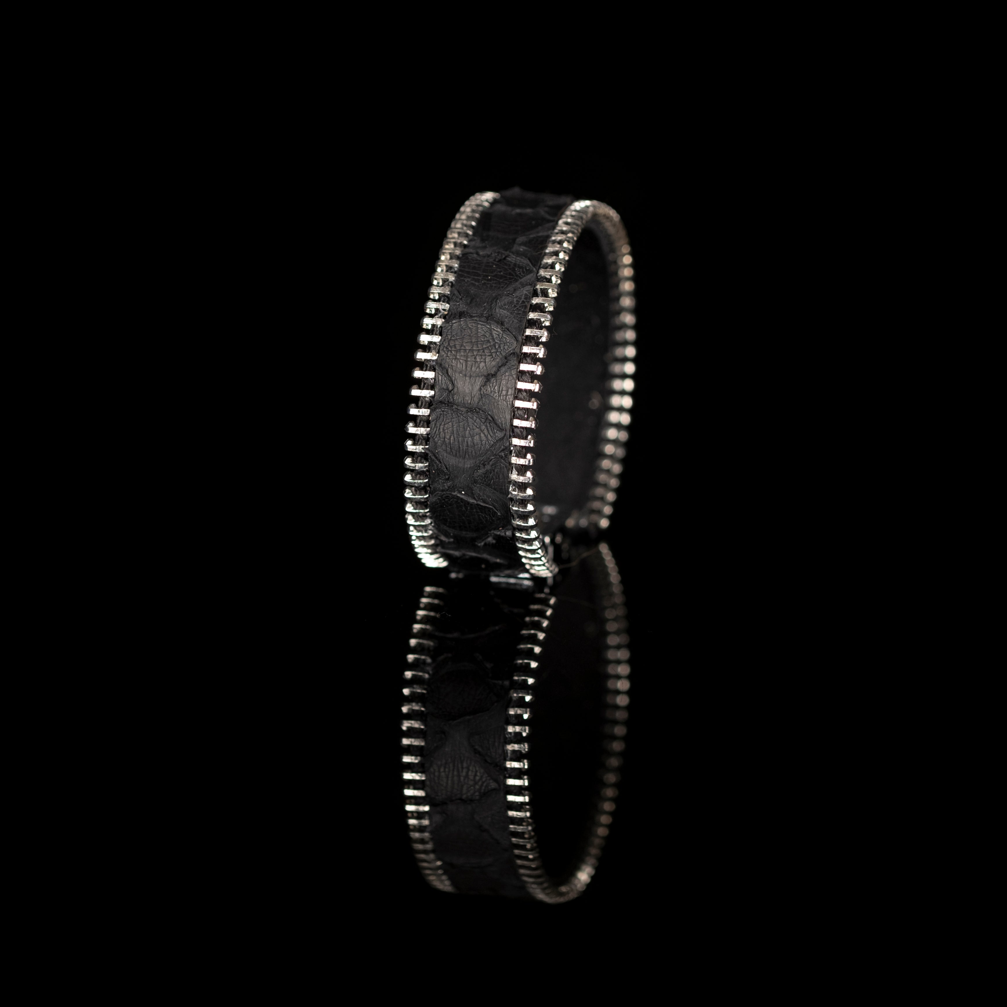 Black python leather cuff bracelet with silver zipper edges, handmade luxury leather bracelet by THE DARK