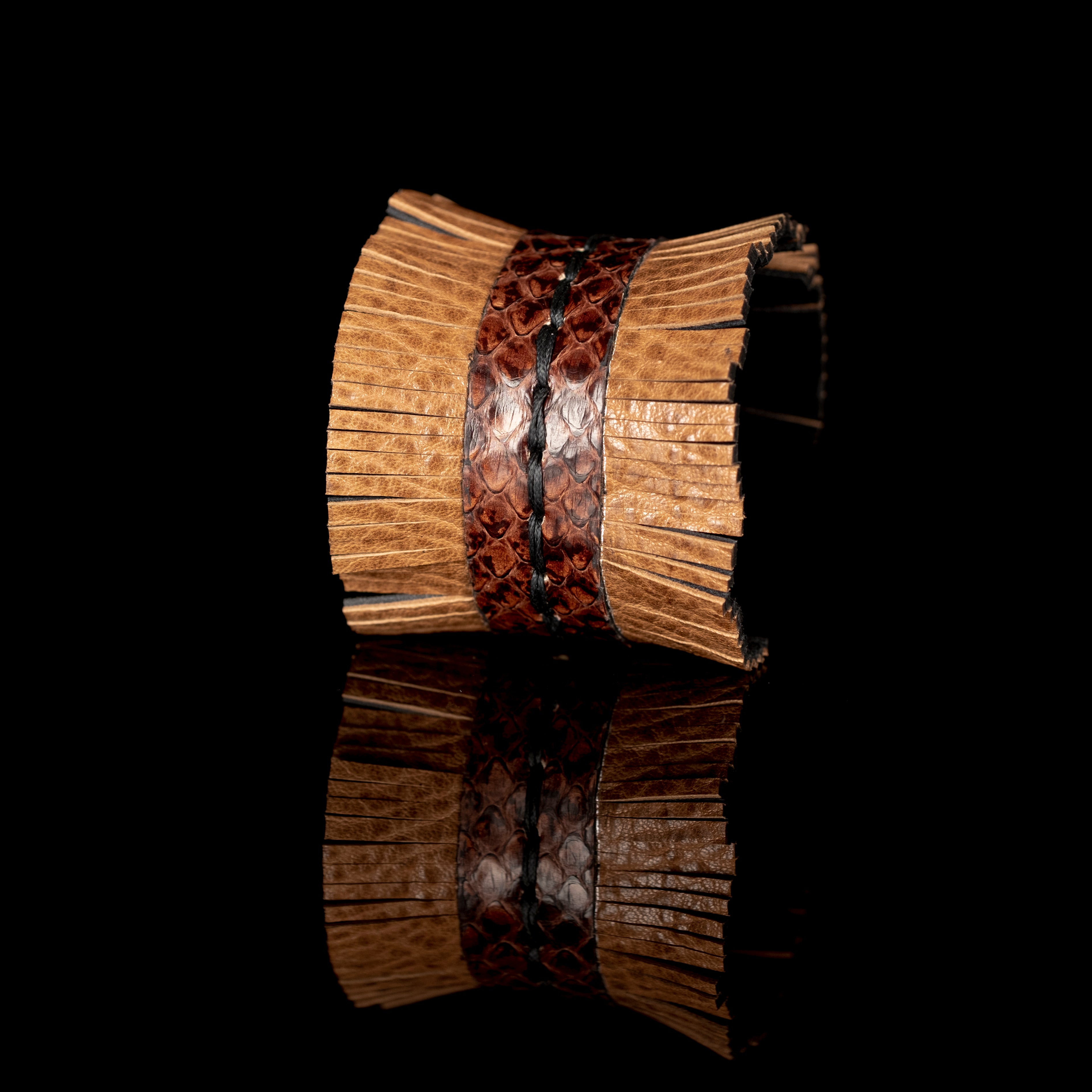 Tan leather fringe cuff bracelet with brown python leather center and braided detail, handmade statement bracelet by THE DARK