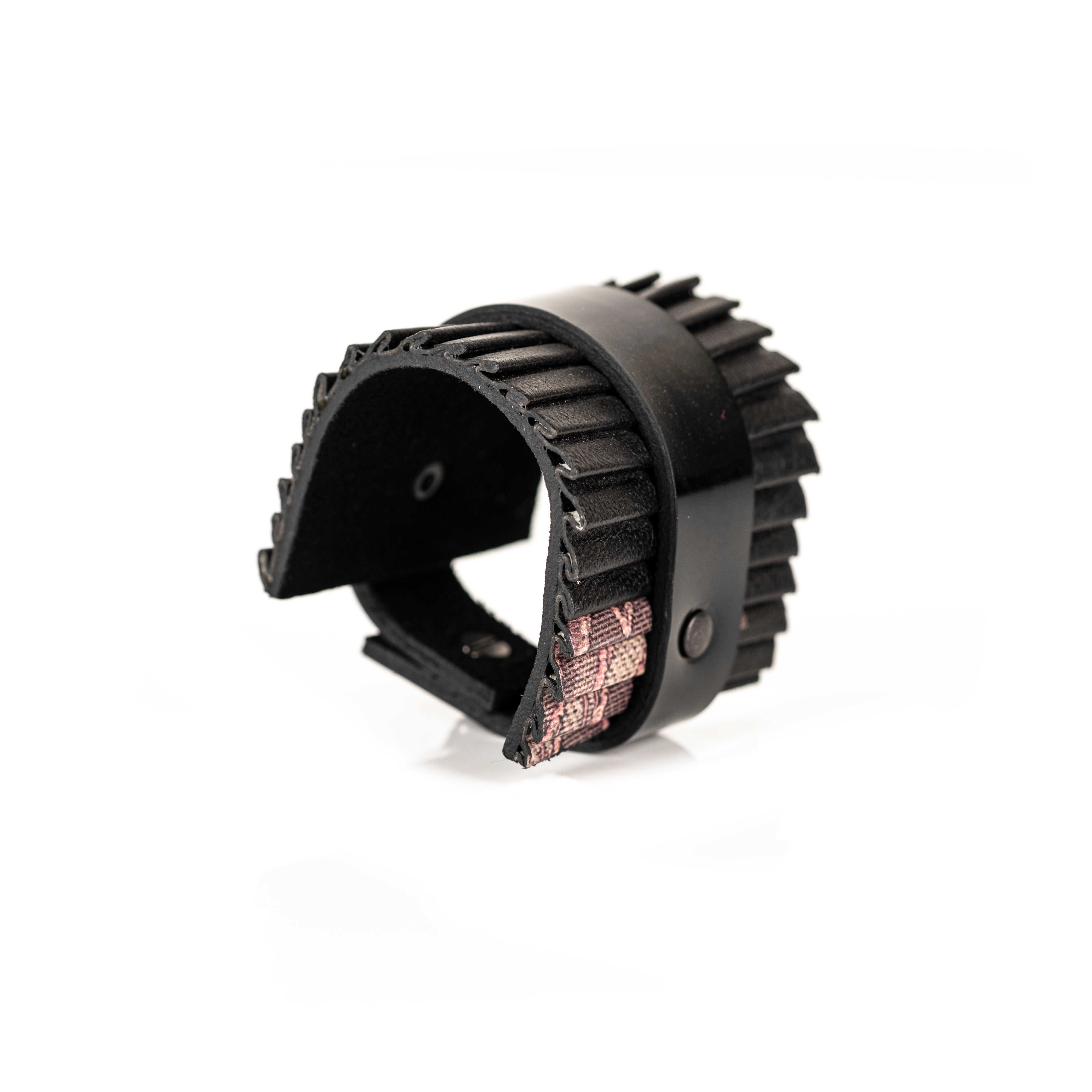 Black pleated leather cuff bracelet with layered textured panels, handmade architectural statement bracelet by THE DARK