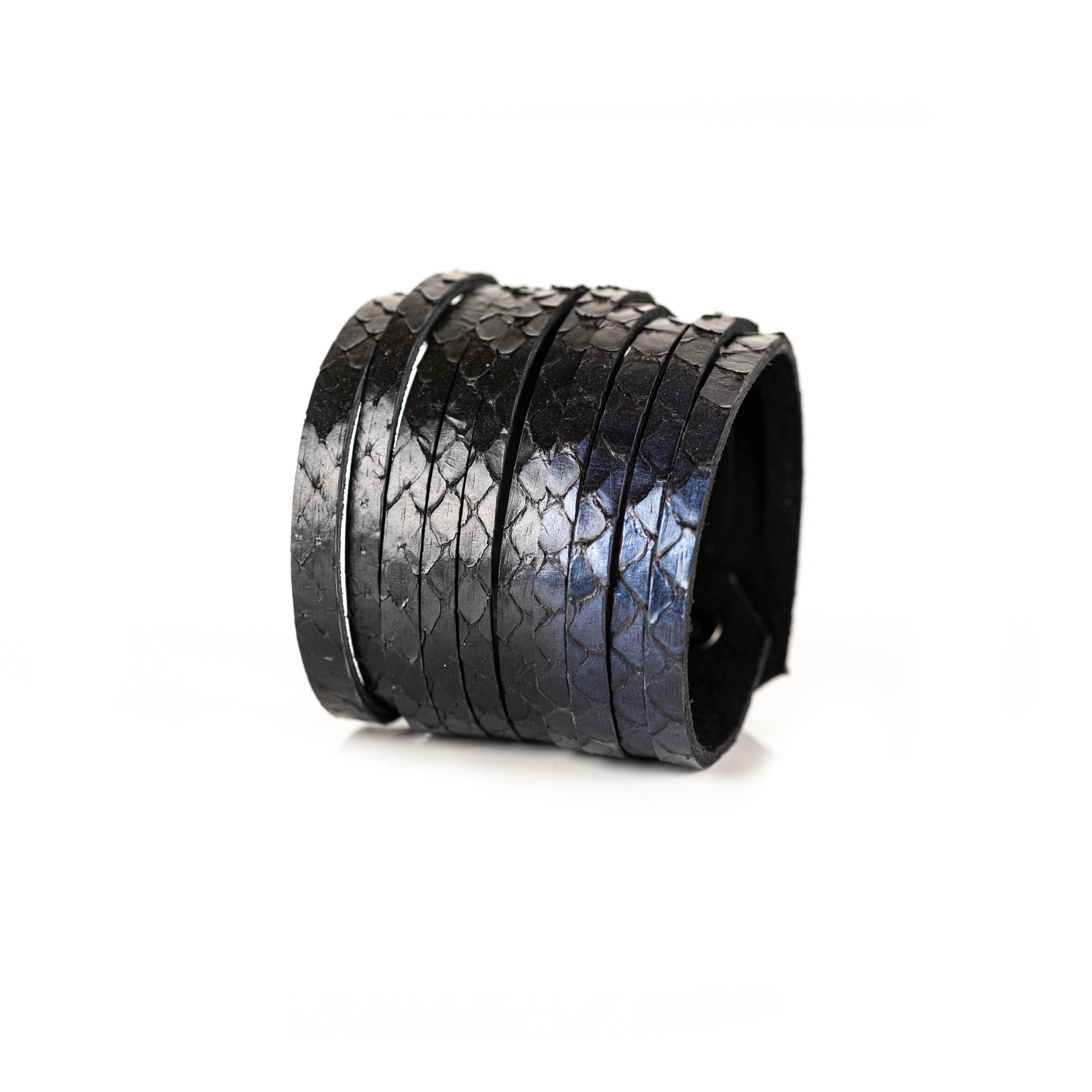 Black python leather wrap cuff bracelet with layered exotic scales, handmade statement bracelet by THE DARK