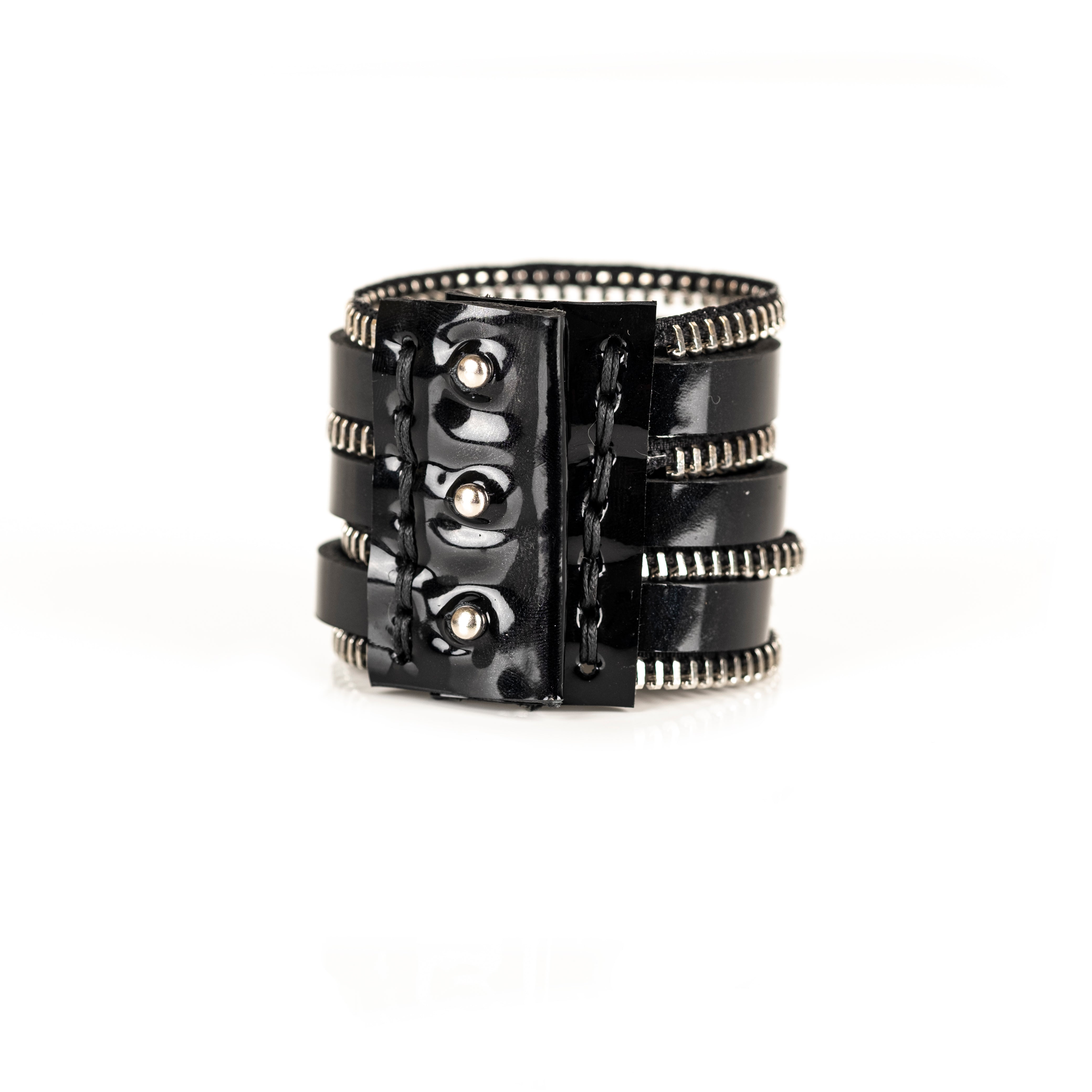 Black leather cuff bracelet with multiple silver zipper edges, handmade industrial leather bracelet by THE DARK