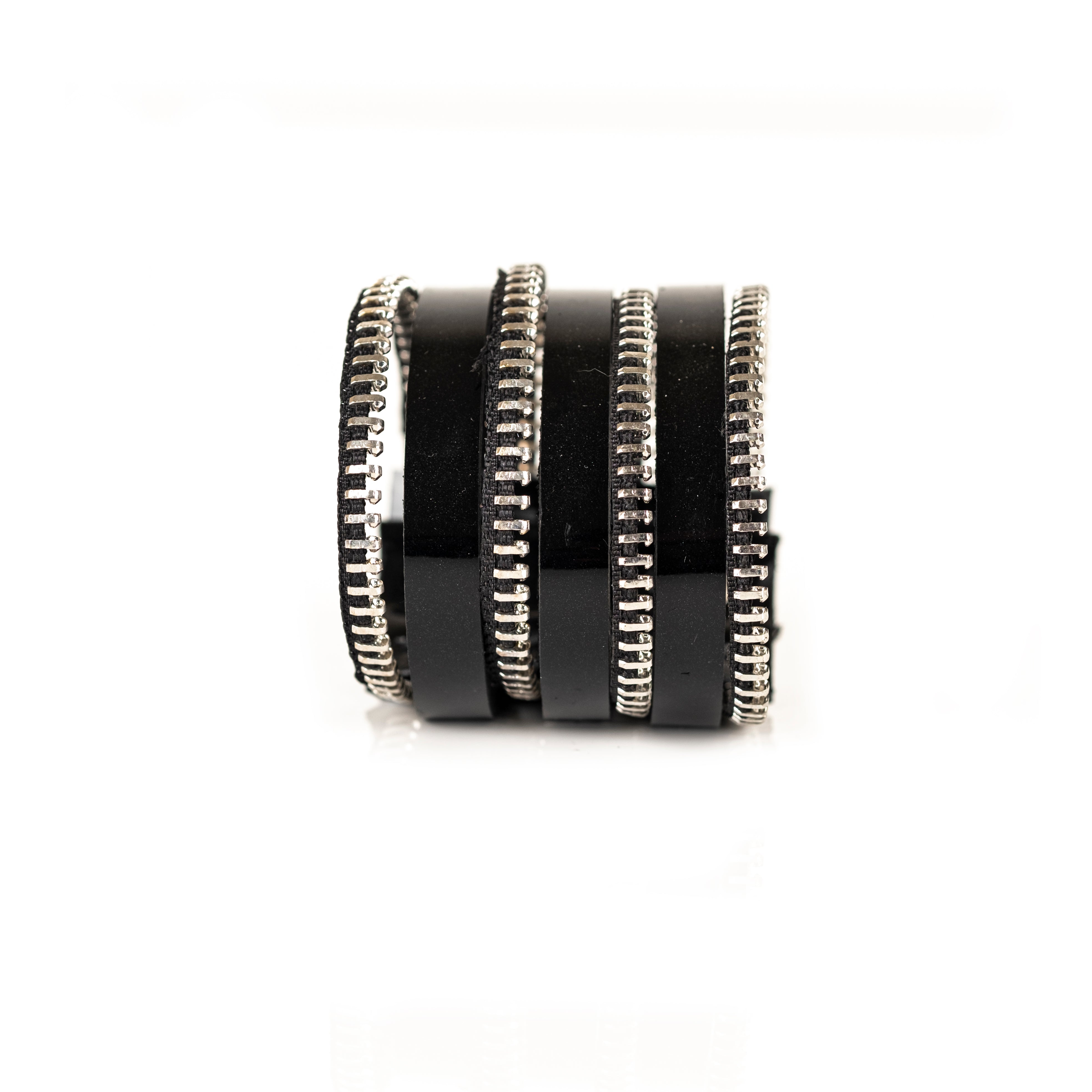 Black leather cuff bracelet with multiple silver zipper edges, handmade industrial leather bracelet by THE DARK