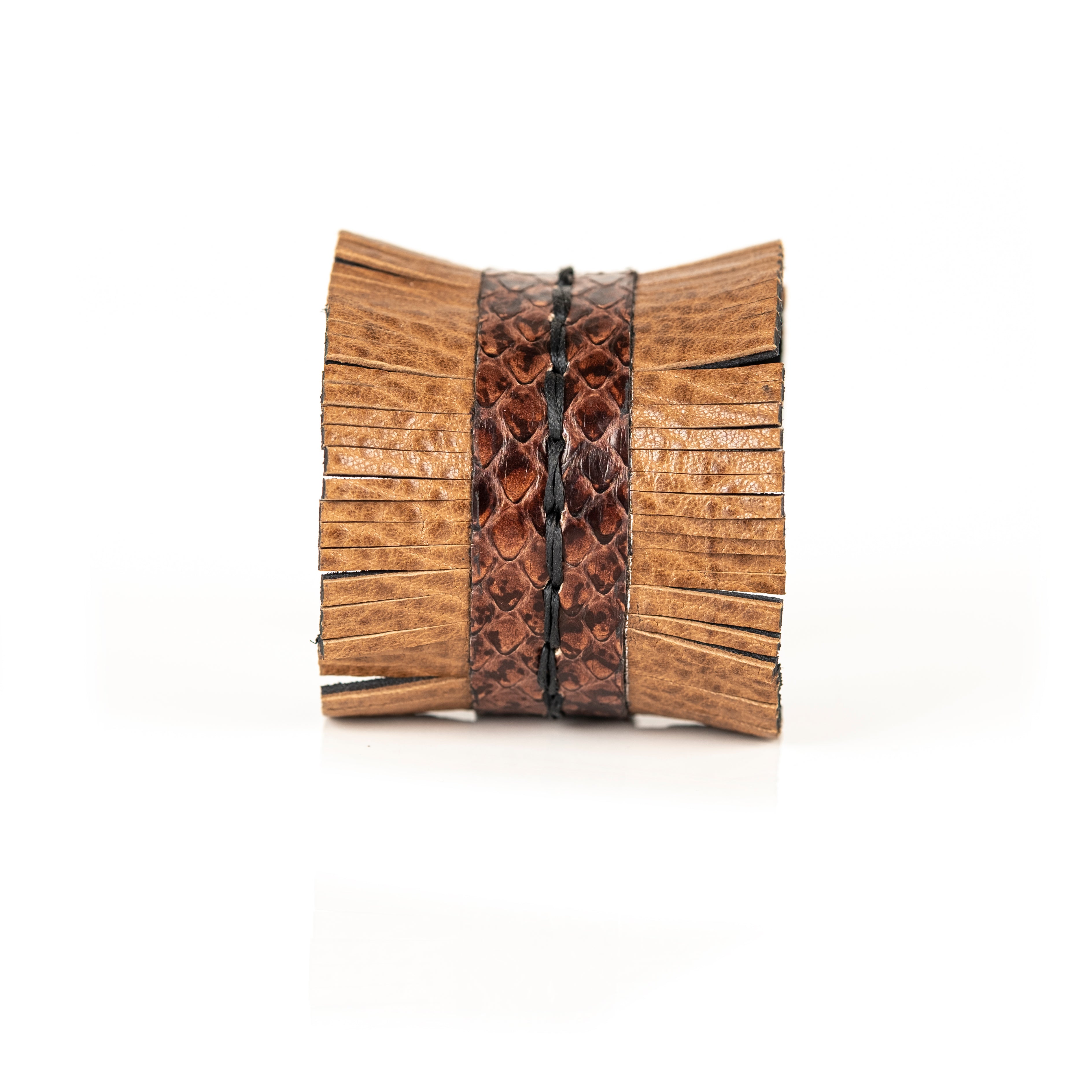 Tan leather fringe cuff bracelet with brown python leather center and braided detail, handmade statement bracelet by THE DARK