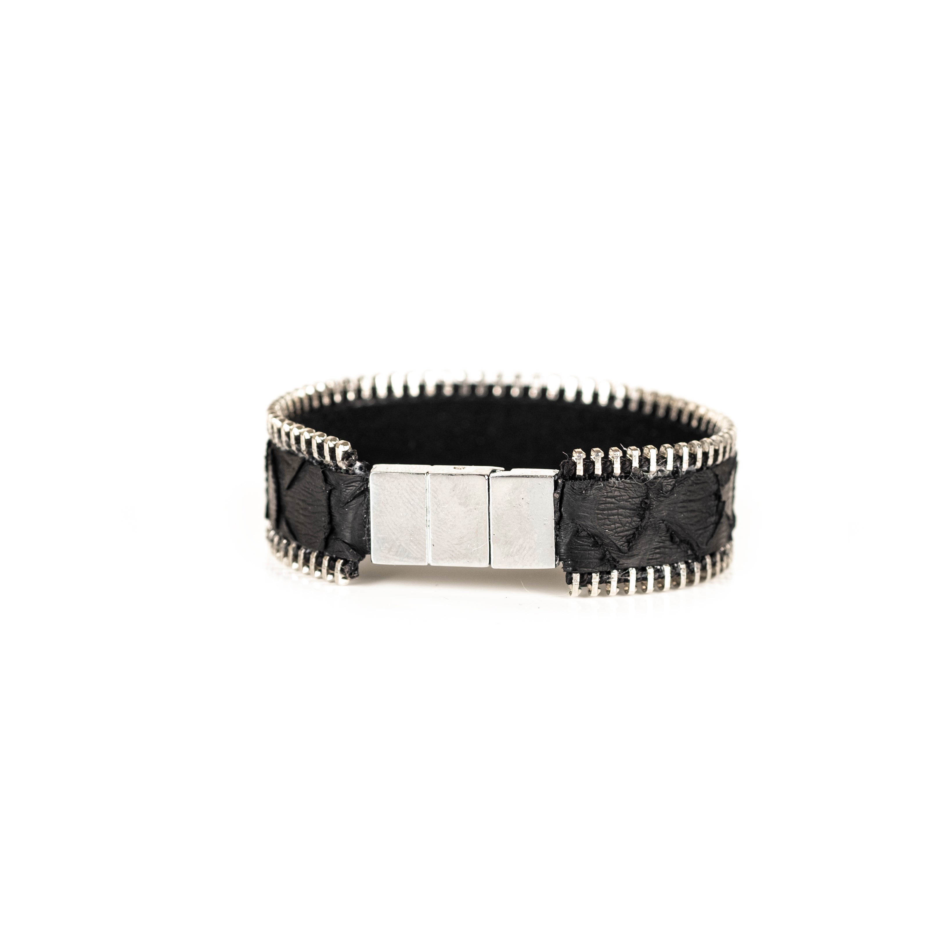 Black python leather cuff bracelet with silver zipper edges, handmade luxury leather bracelet by THE DARK