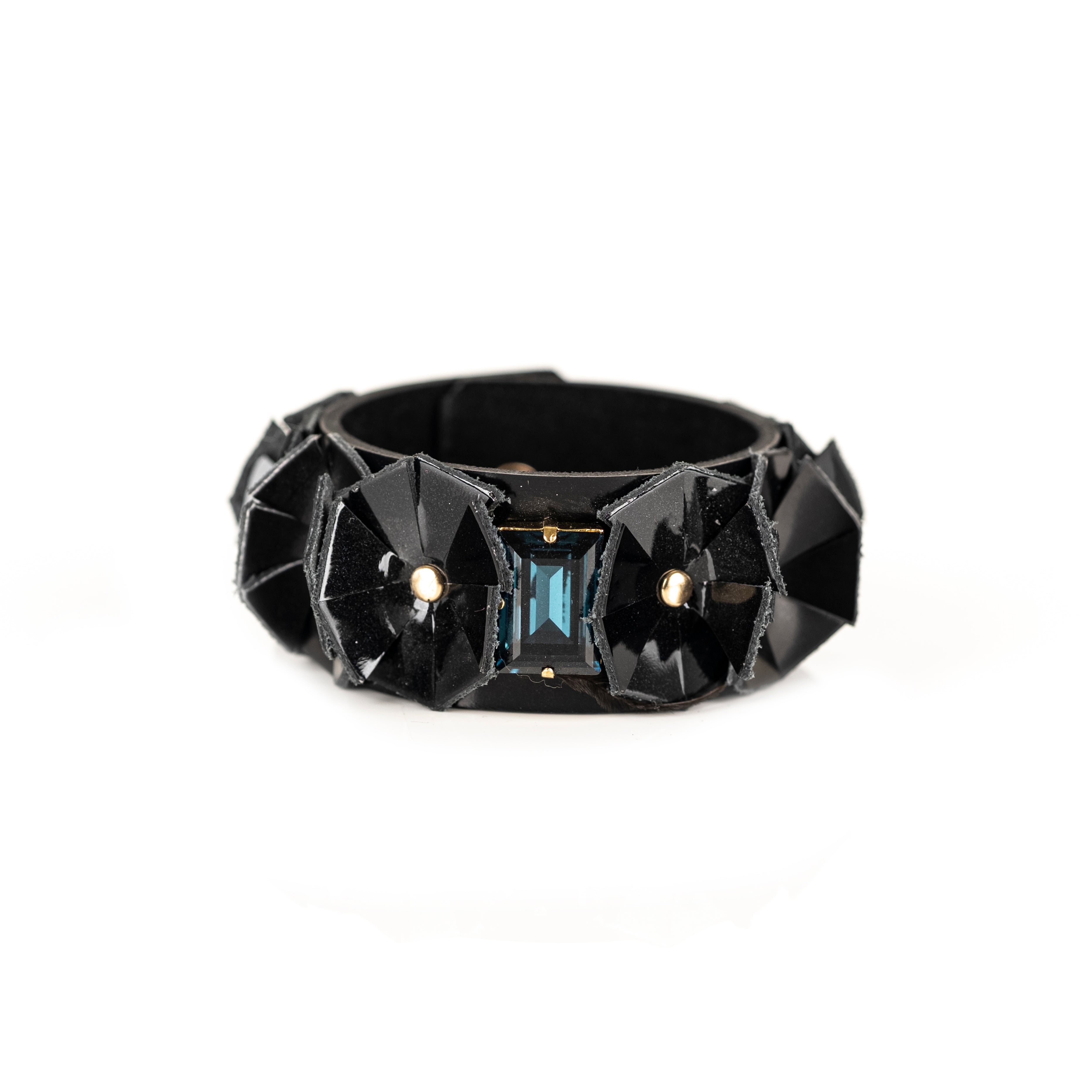 Black faceted leather cuff bracelet with geometric panels and crystal centerpiece, handmade statement bracelet by THE DARK