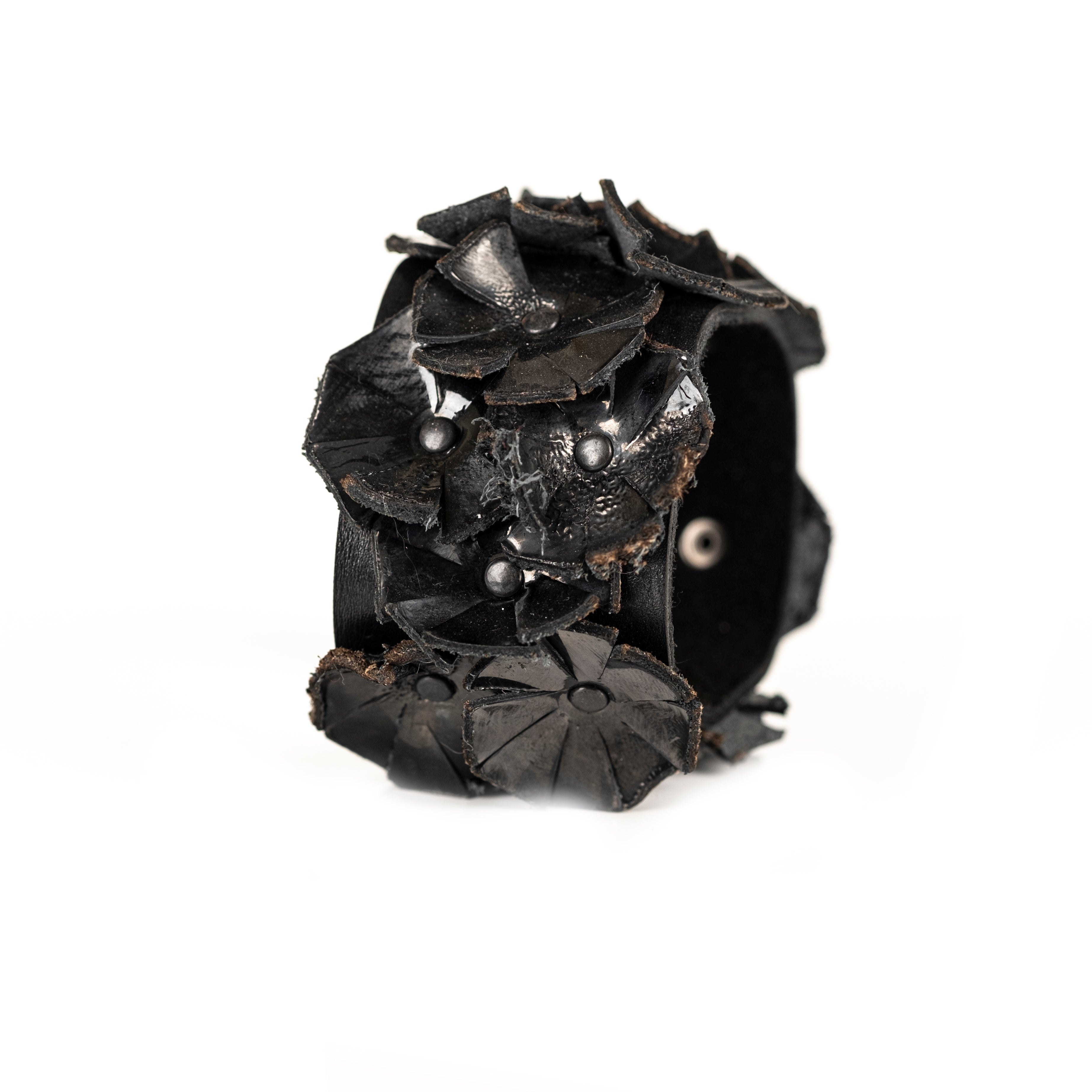 Black leather bracelet with sculptural floral elements, handmade avant-garde leather statement cuff by THE DARK