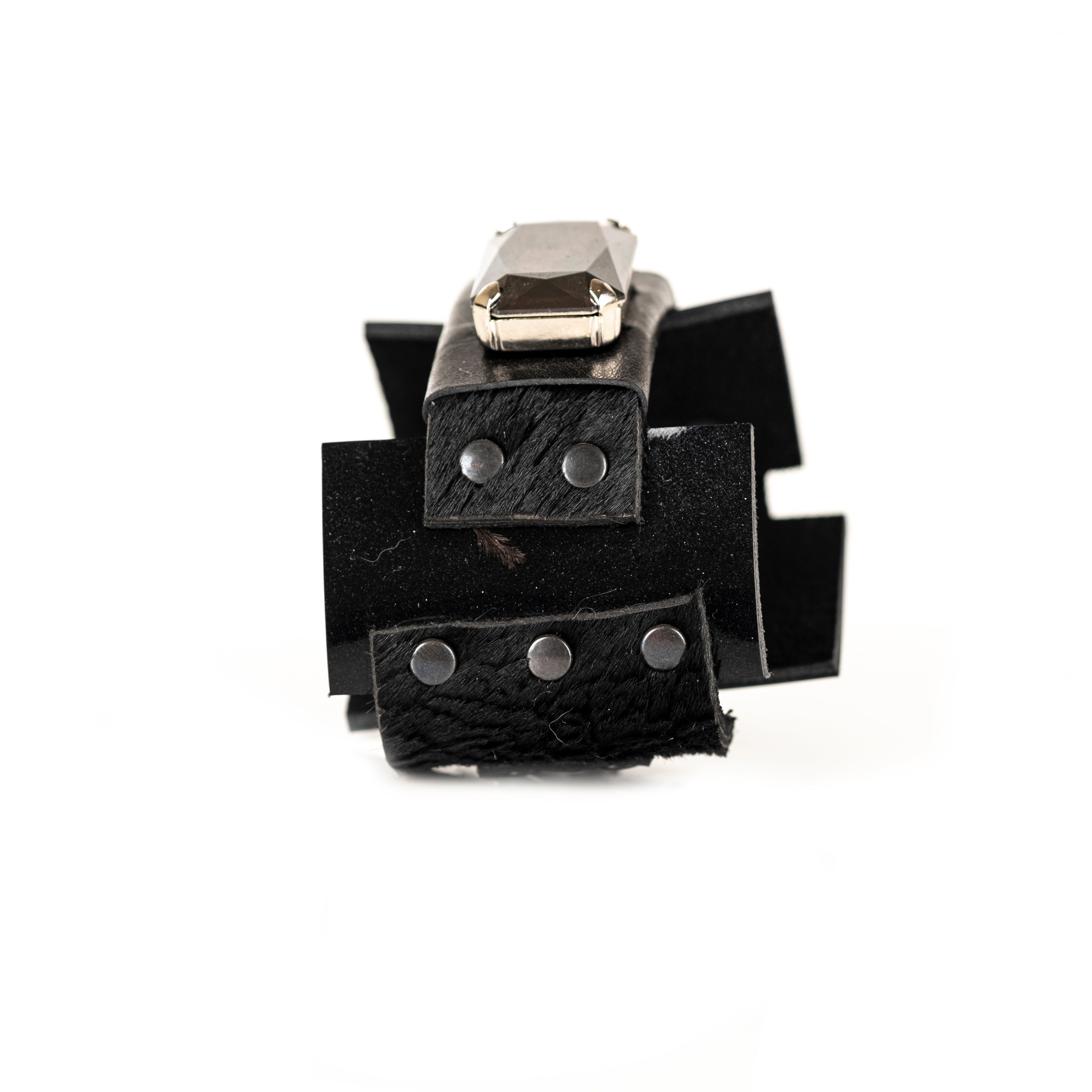 Black leather statement cuff bracelet with large faceted crystal and layered leather panels, handmade bracelet by THE DARK