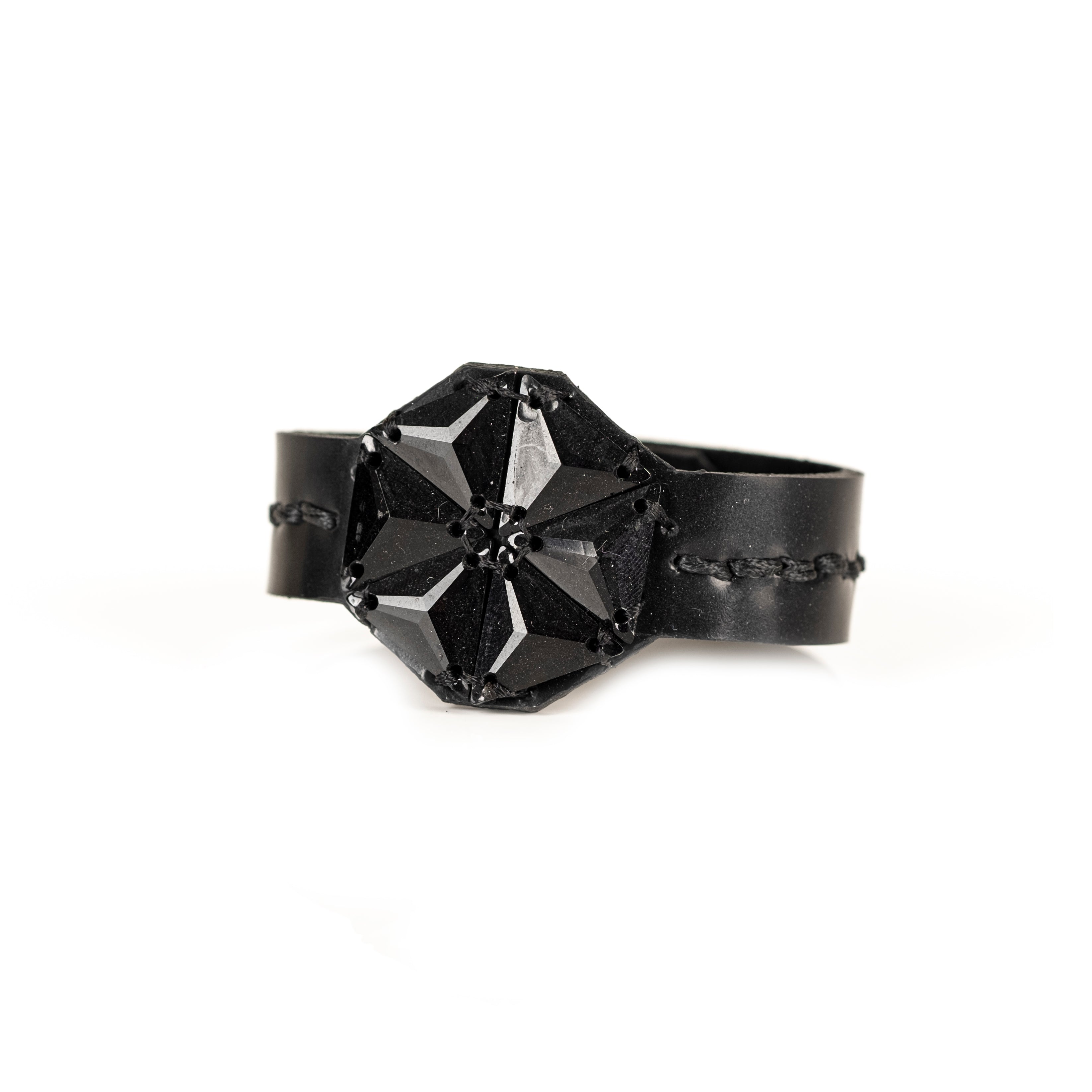 Black leather bracelet with large faceted black crystal star centerpiece, handmade statement bracelet by THE DARK