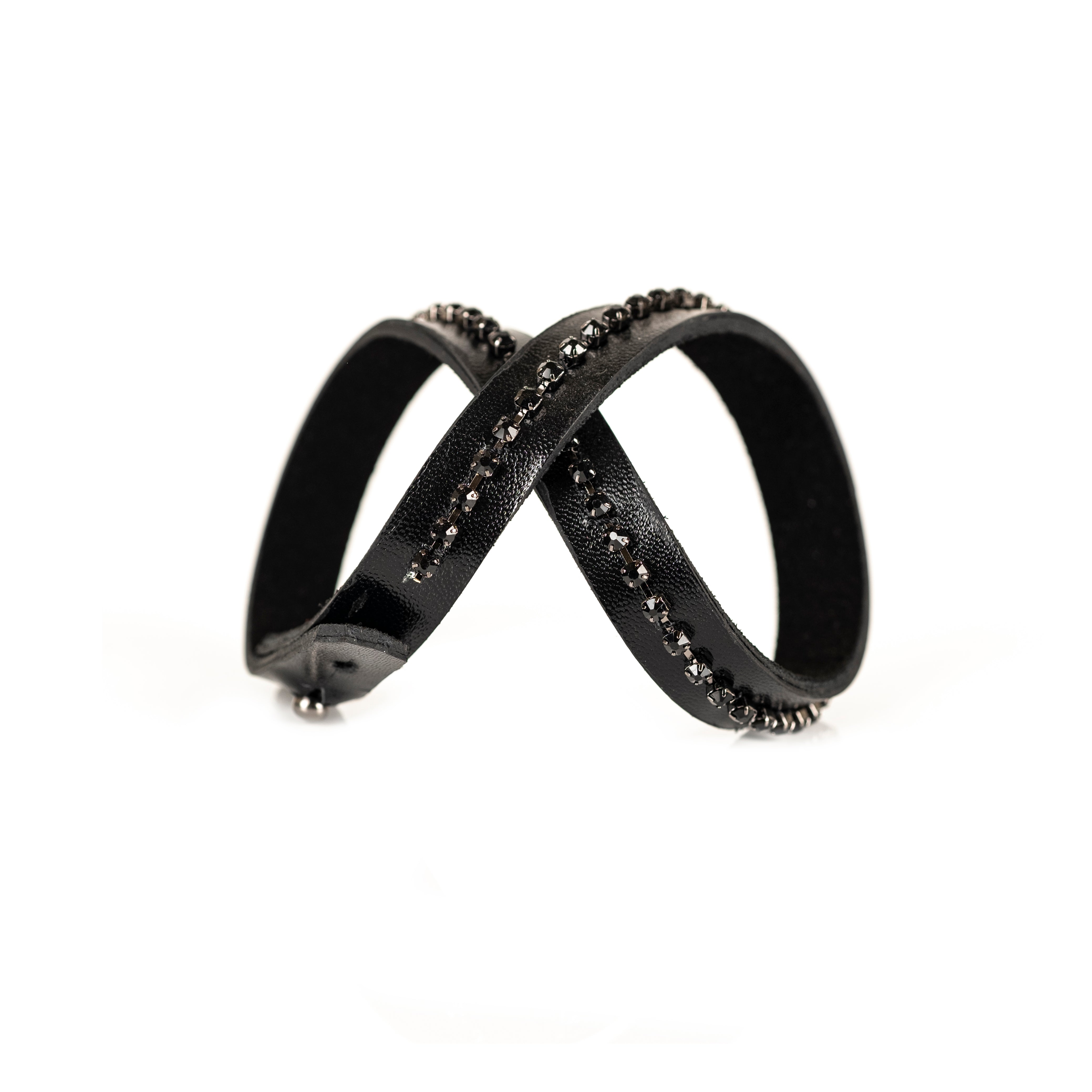 Black leather bracelet with black crystal edge detailing, handmade minimalist leather bracelet by THE DARK