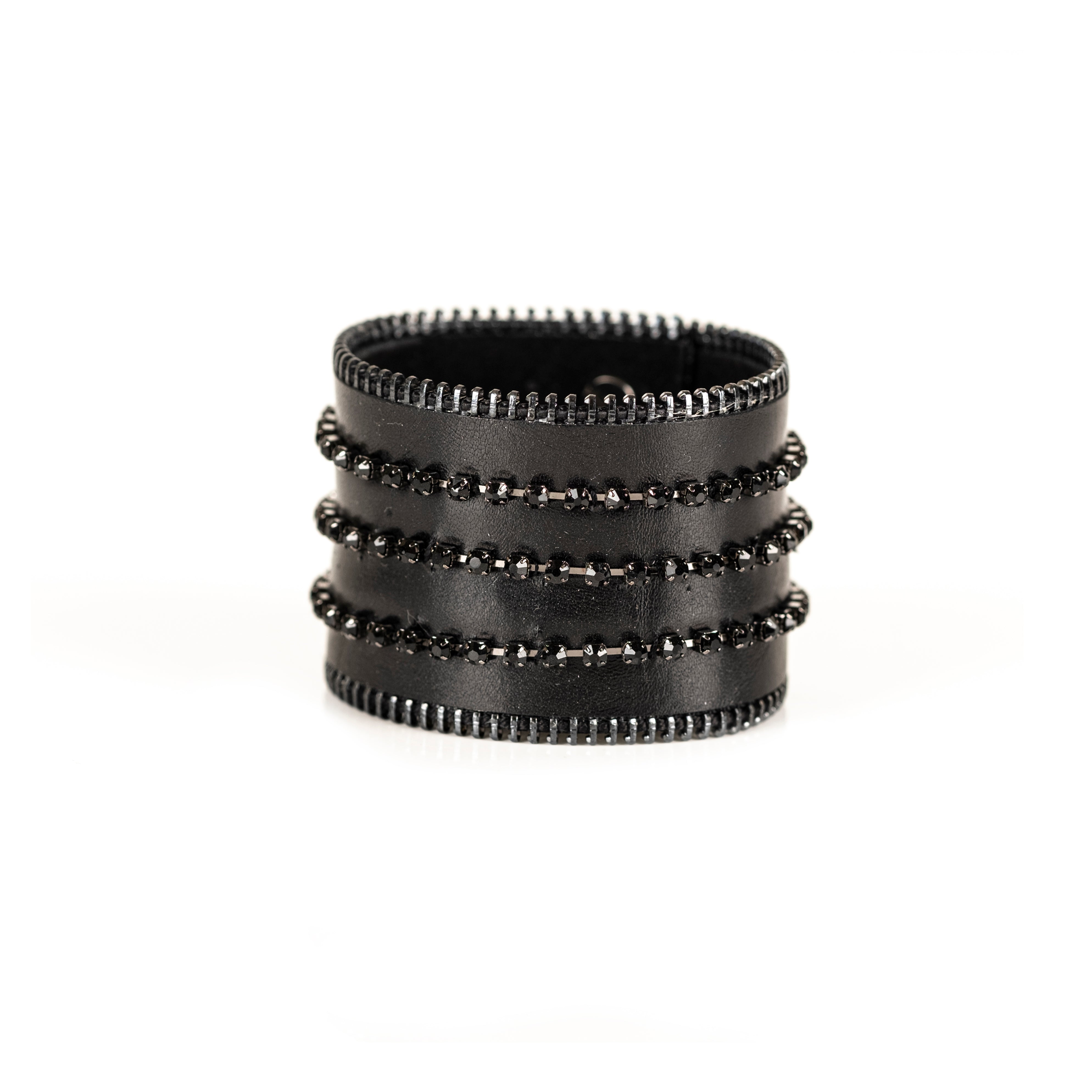Black leather cuff bracelet with black crystal rows and zipper edges, handmade statement bracelet by THE DARK