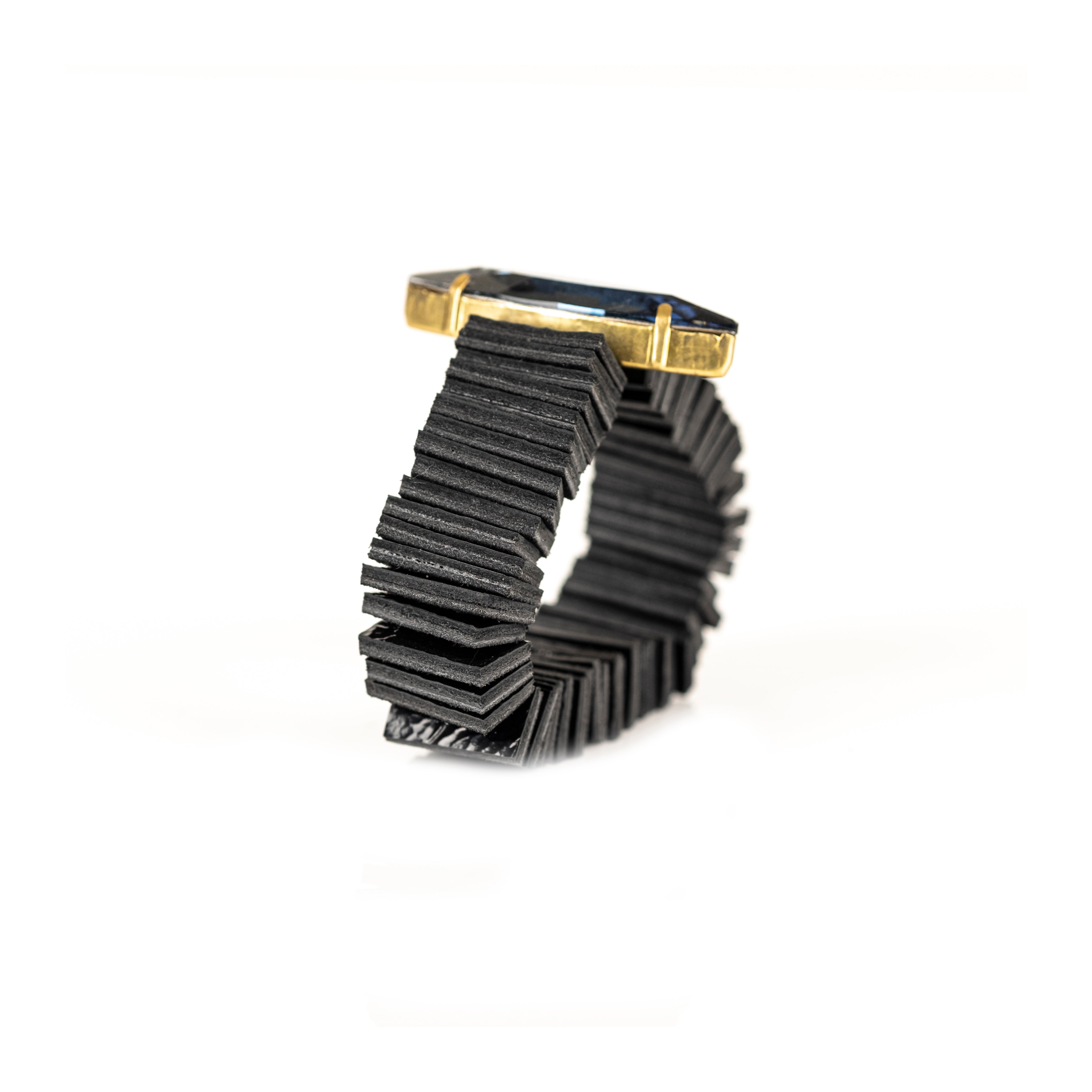 Black layered fringe leather bracelet with marquise crystal centerpiece and gold setting, handmade statement cuff by THE DARK