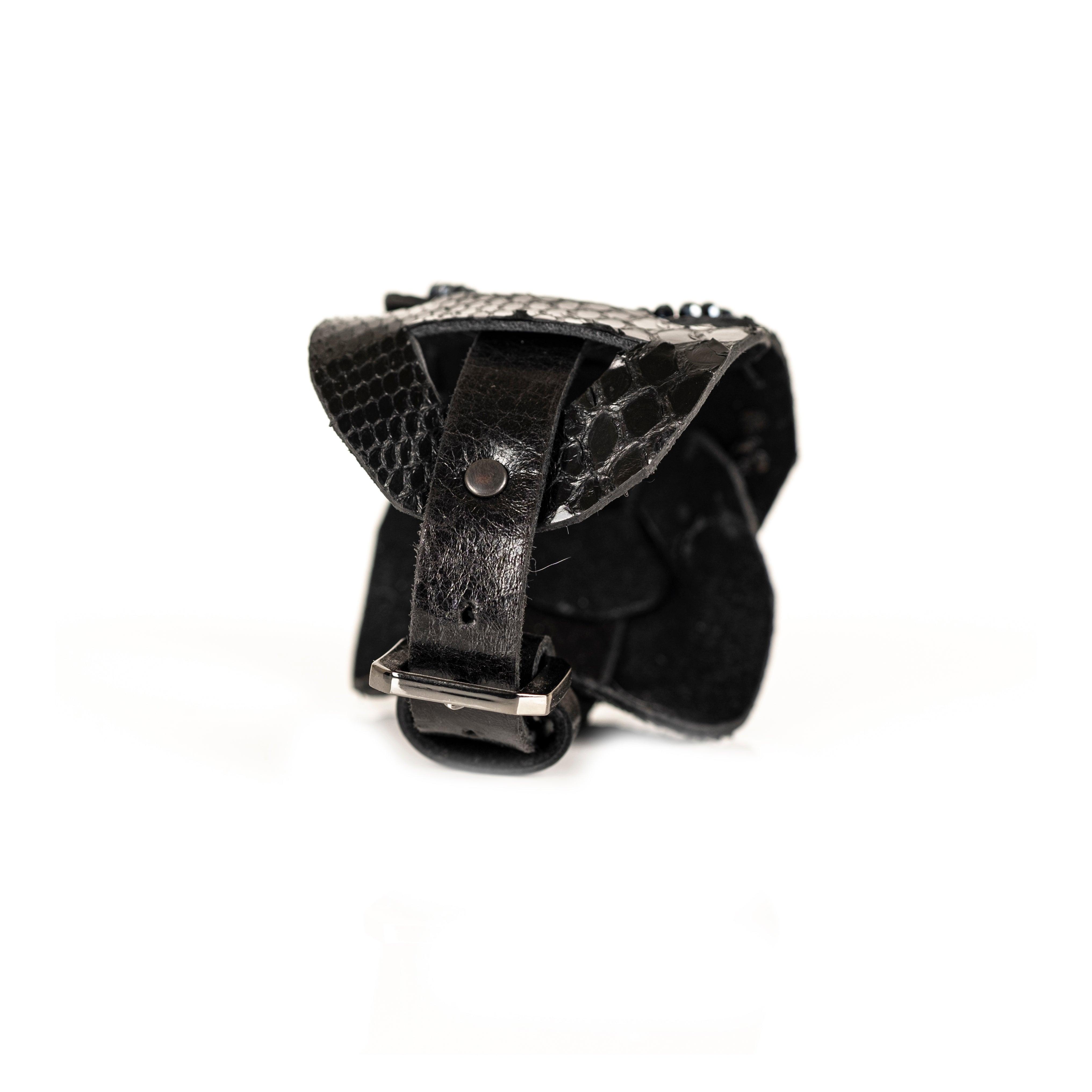 Black python leather cuff with blue crystal centerpiece and bead trim, handmade statement bracelet by THE DARK