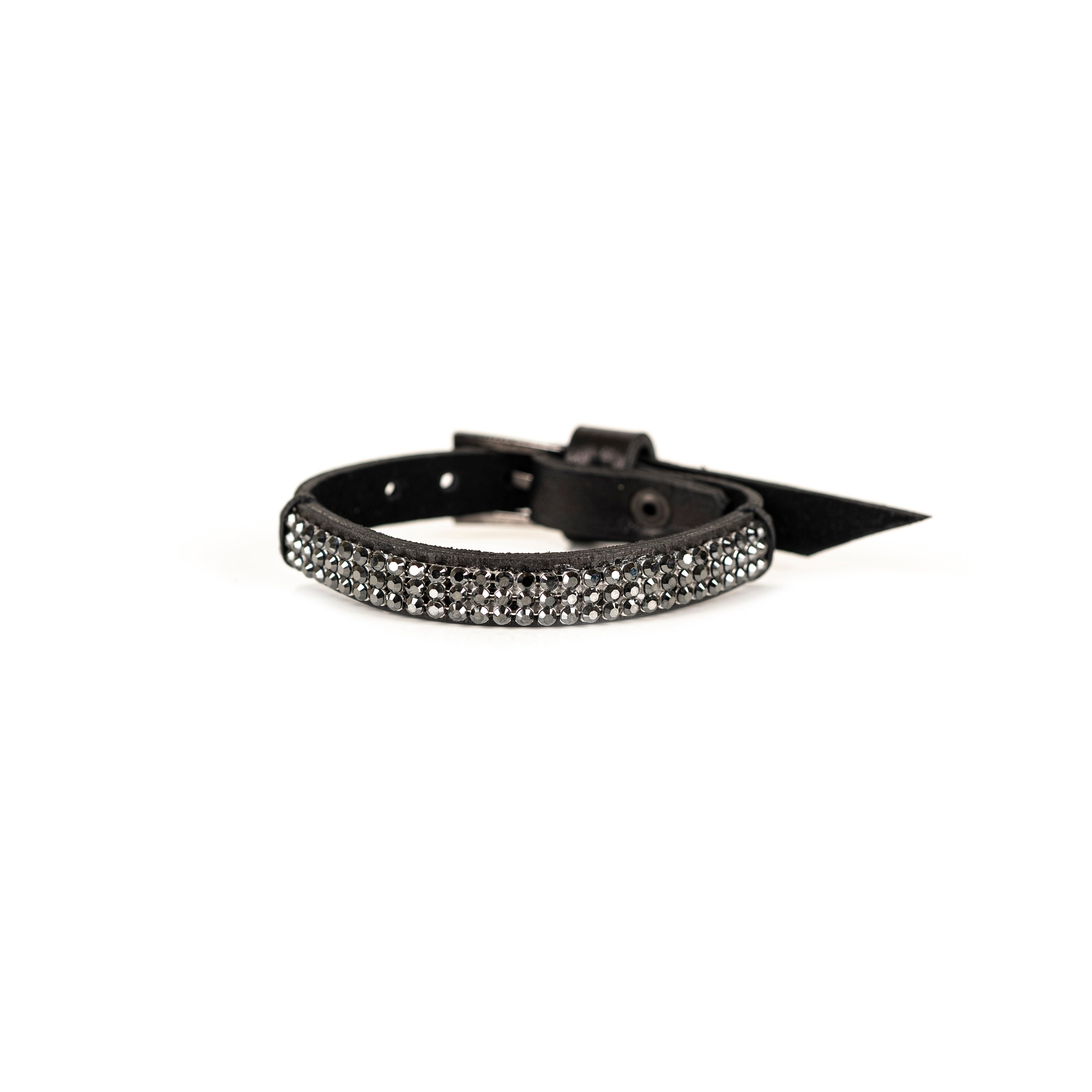 Black leather bracelet with gunmetal crystal studs, handmade minimalist statement bracelet by THE DARK