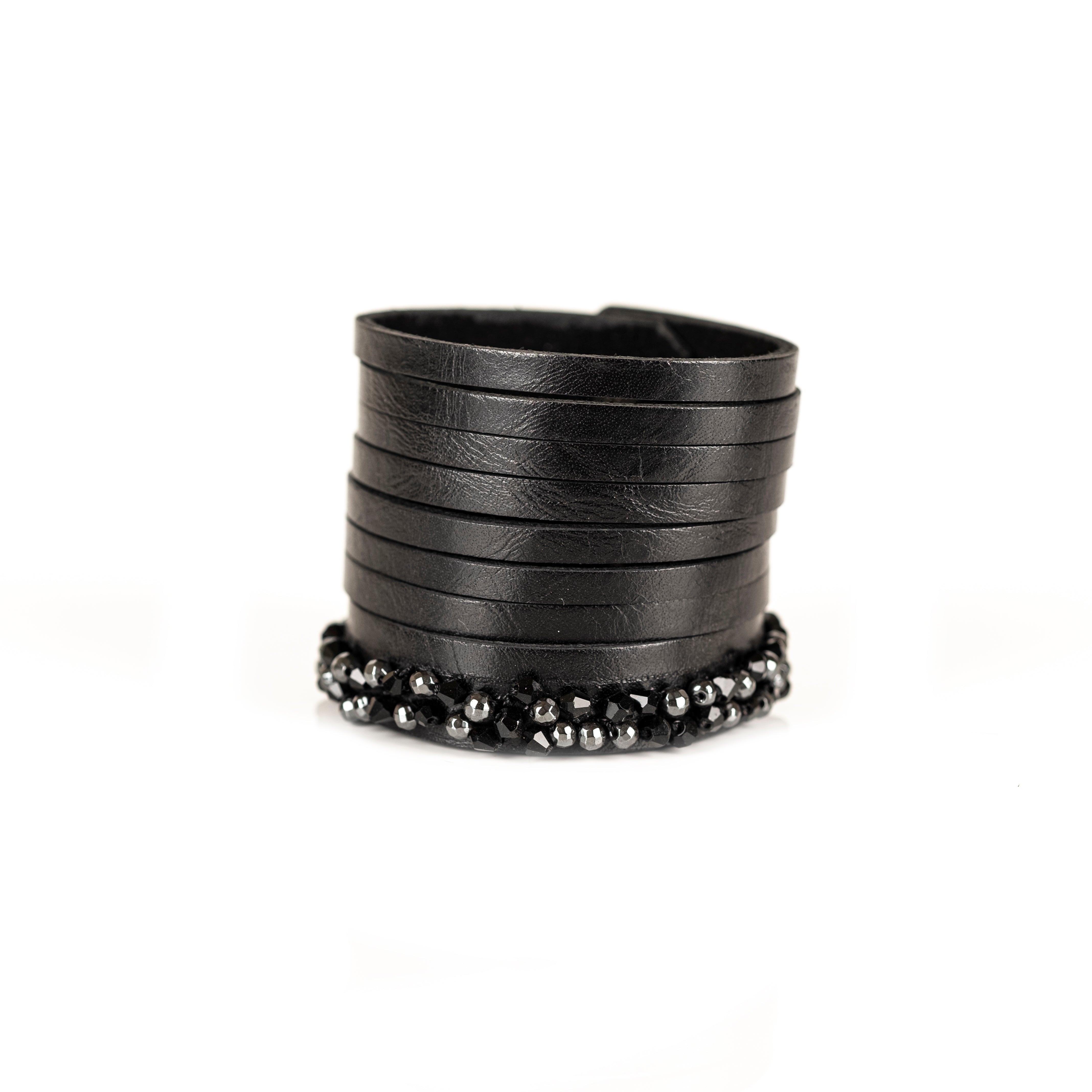 Layered black leather cuff bracelet with faceted crystal edge detailing, handmade statement bracelet by THE DARK