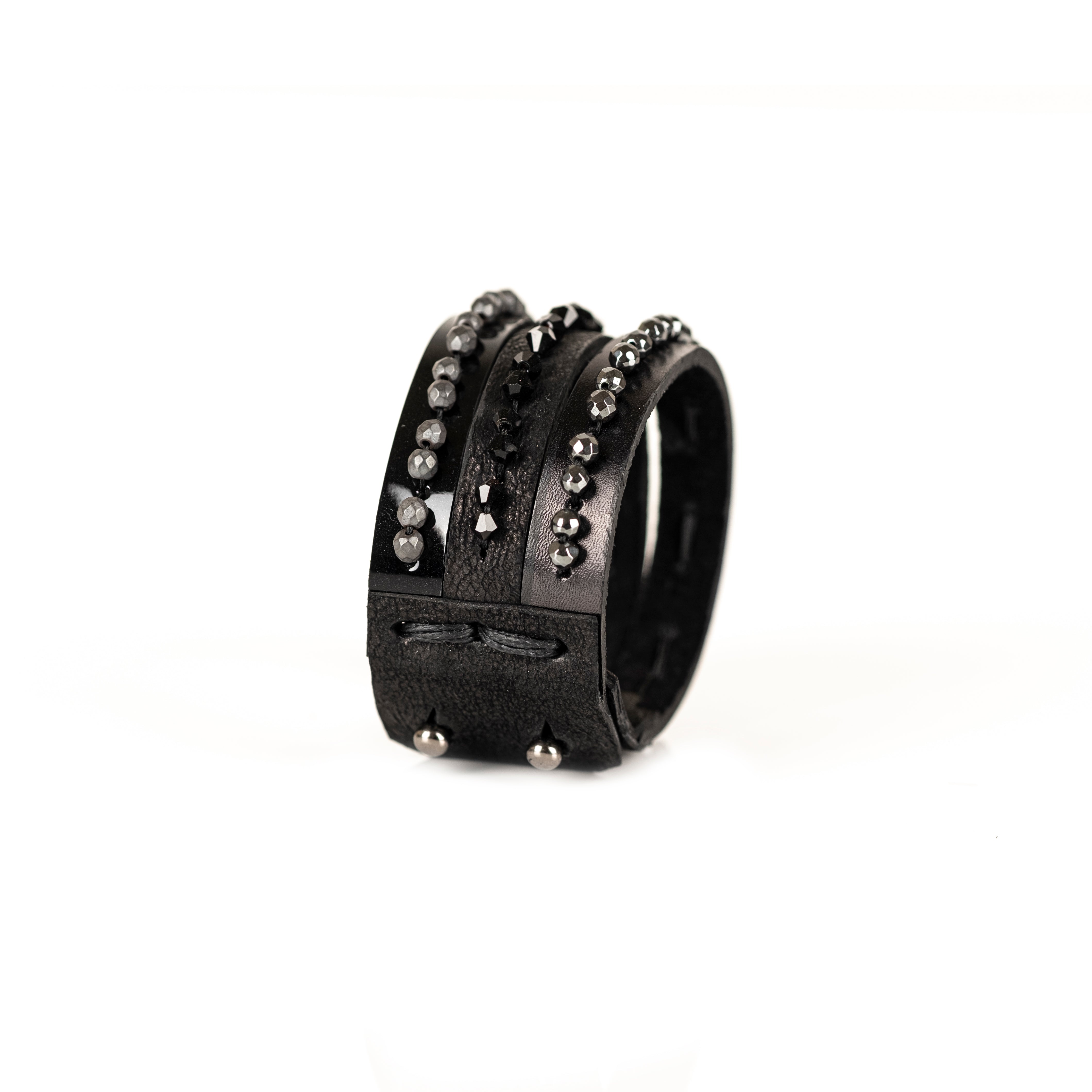 Black leather cuff bracelet with hematite and black crystal bead rows, handmade statement bracelet by THE DARK