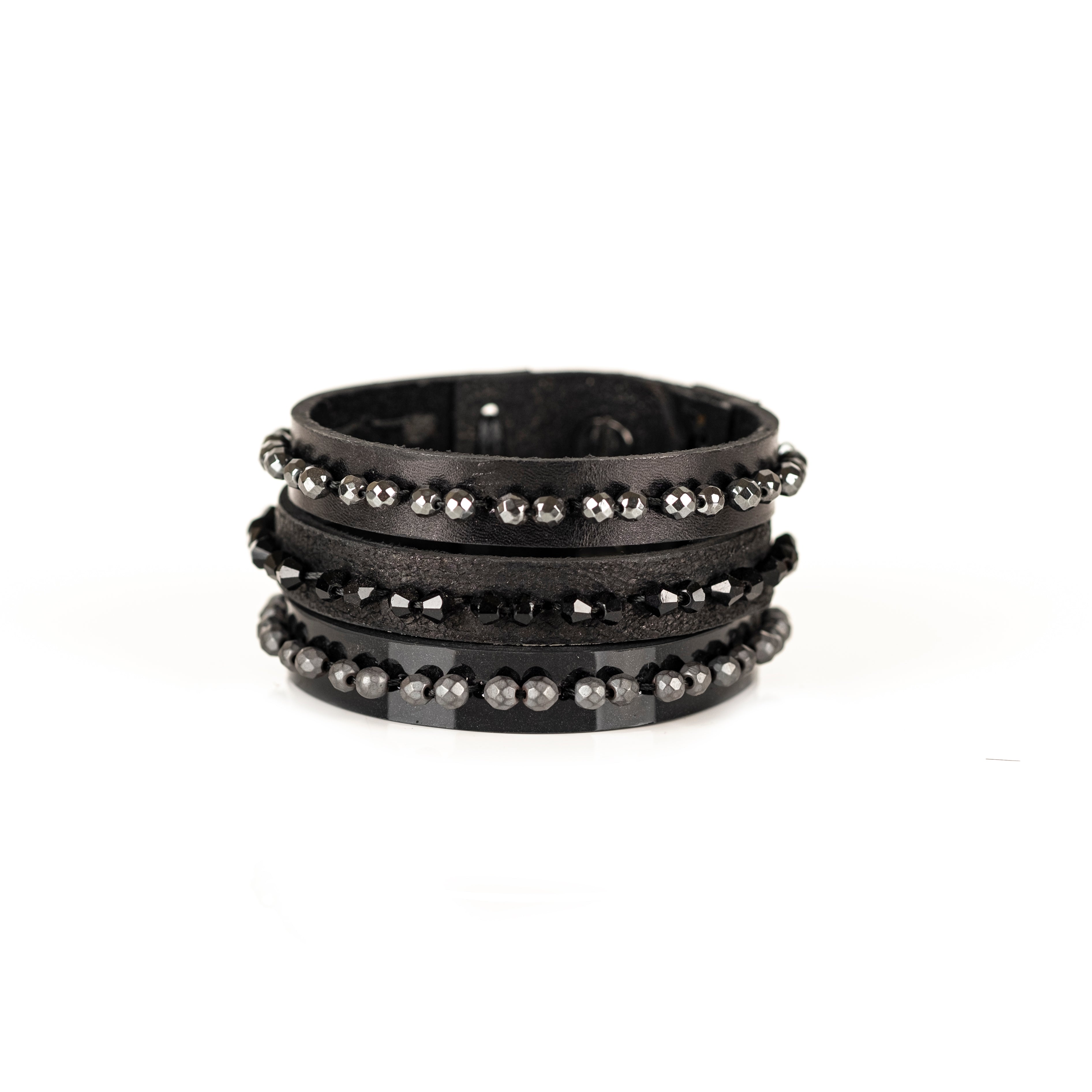 Black leather cuff bracelet with hematite and black crystal bead rows, handmade statement bracelet by THE DARK