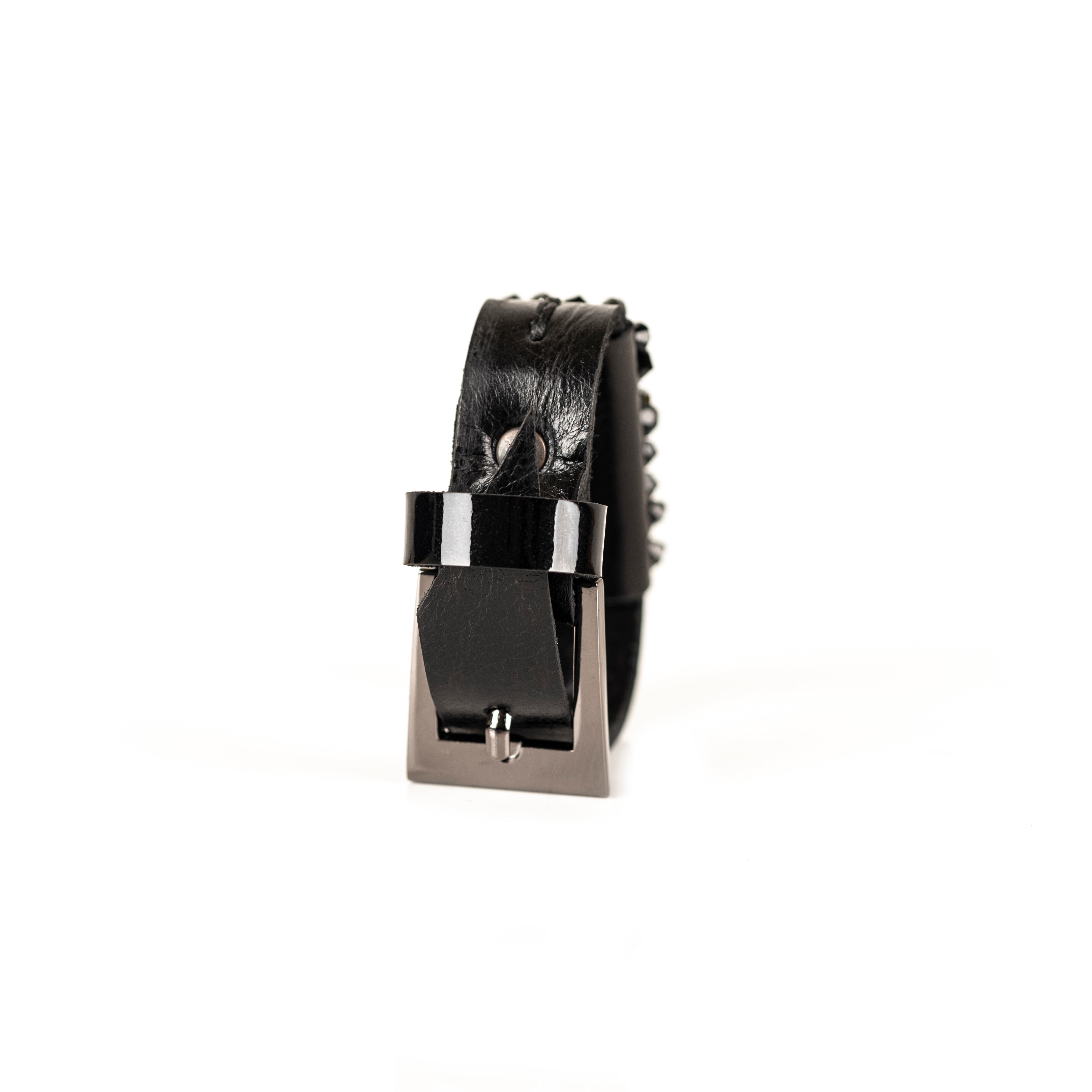 Black leather cuff bracelet with raised ridge of faceted black crystals, handmade statement bracelet by THE DARK