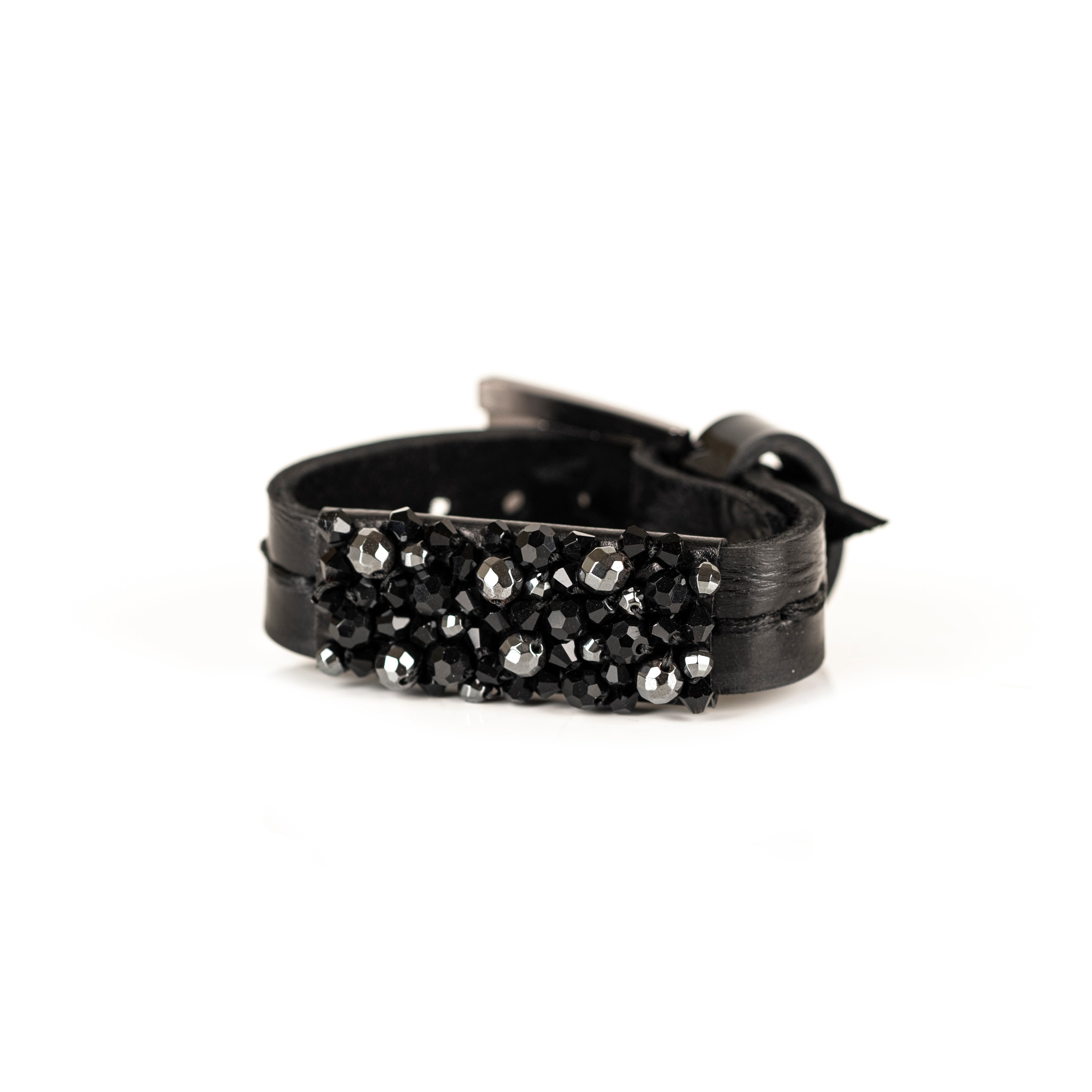Black leather cuff bracelet with raised ridge of faceted black crystals, handmade statement bracelet by THE DARK