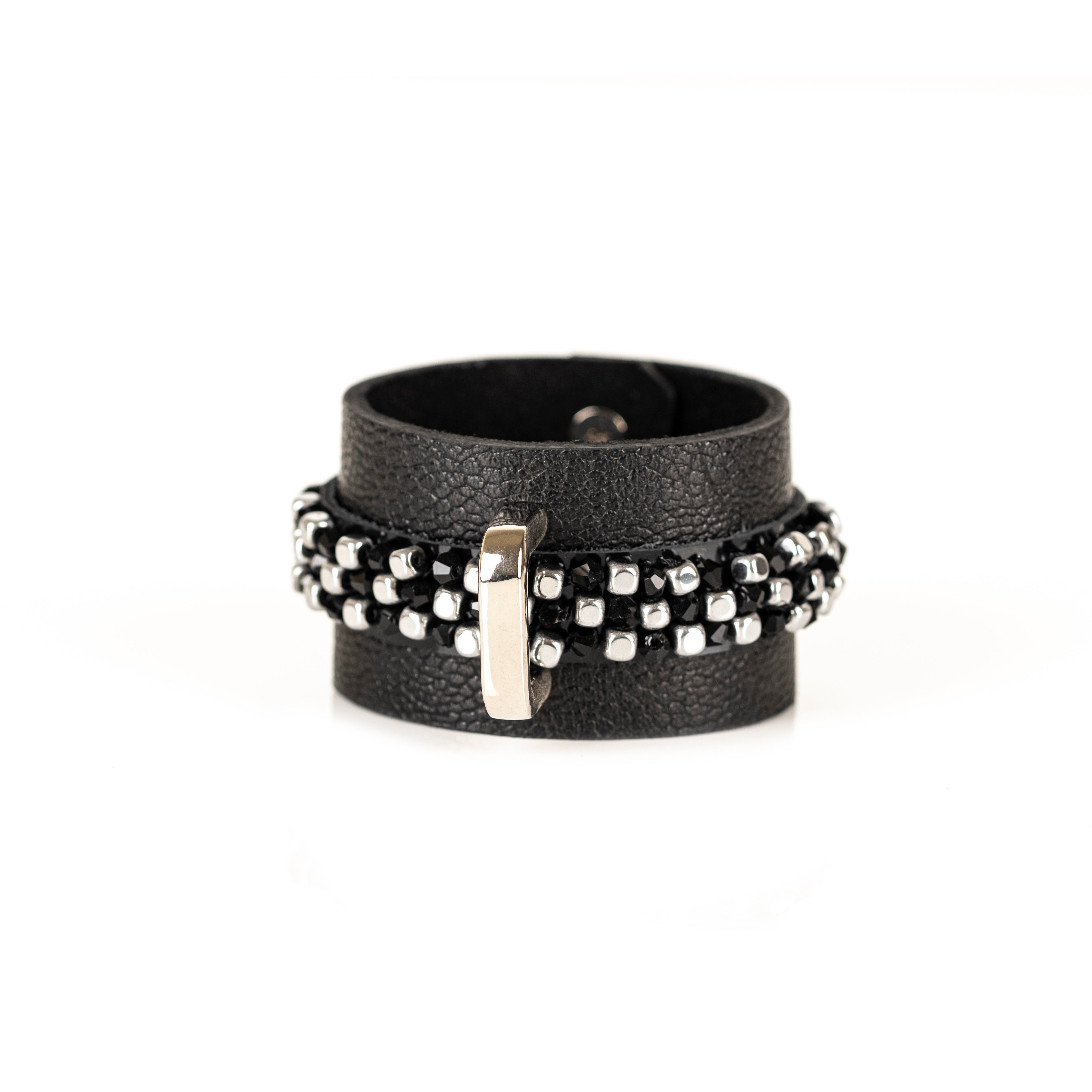 Black leather cuff bracelet with central grid of black crystals and silver beads, handmade statement bracelet by THE DARK