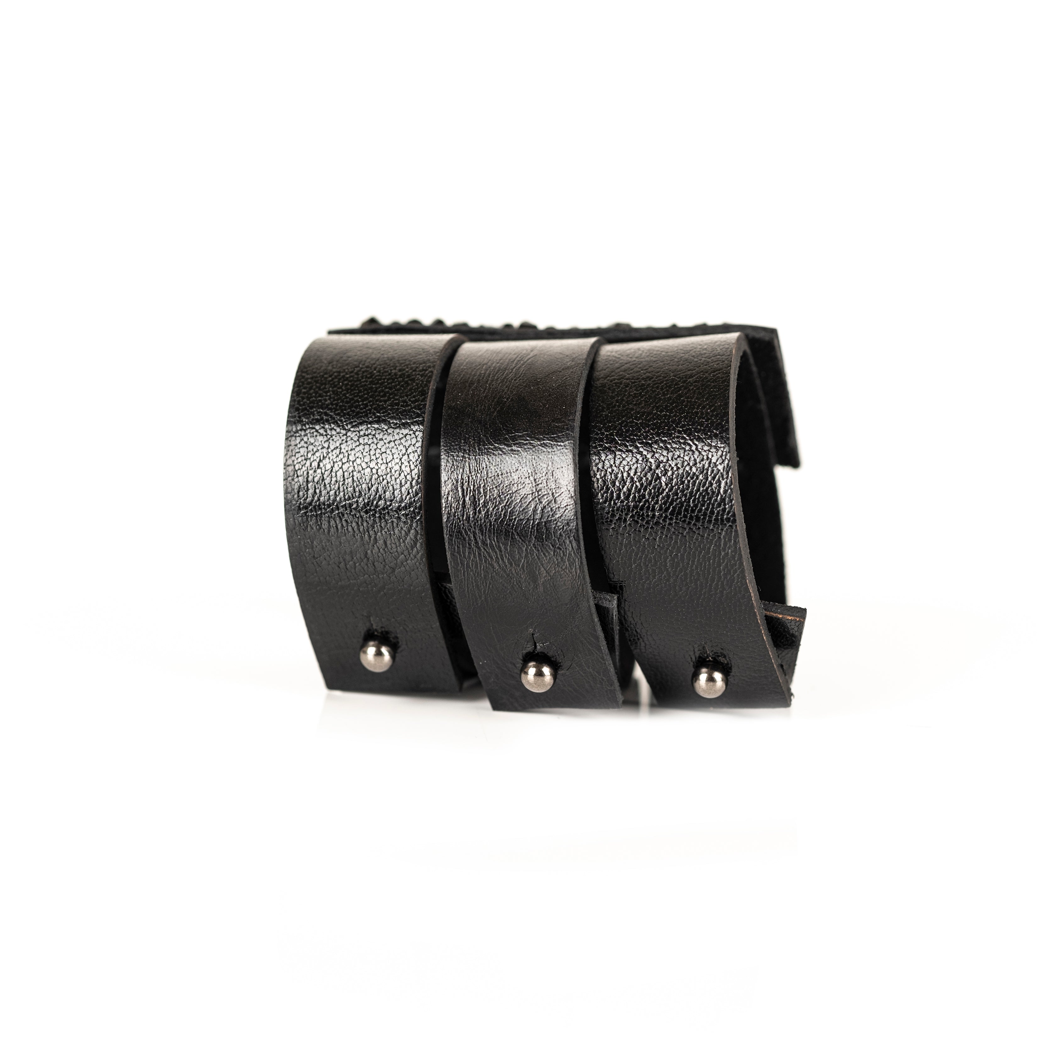 Black leather statement cuff bracelet with dense black crystal cluster and metallic beads, handmade bracelet by THE DARK