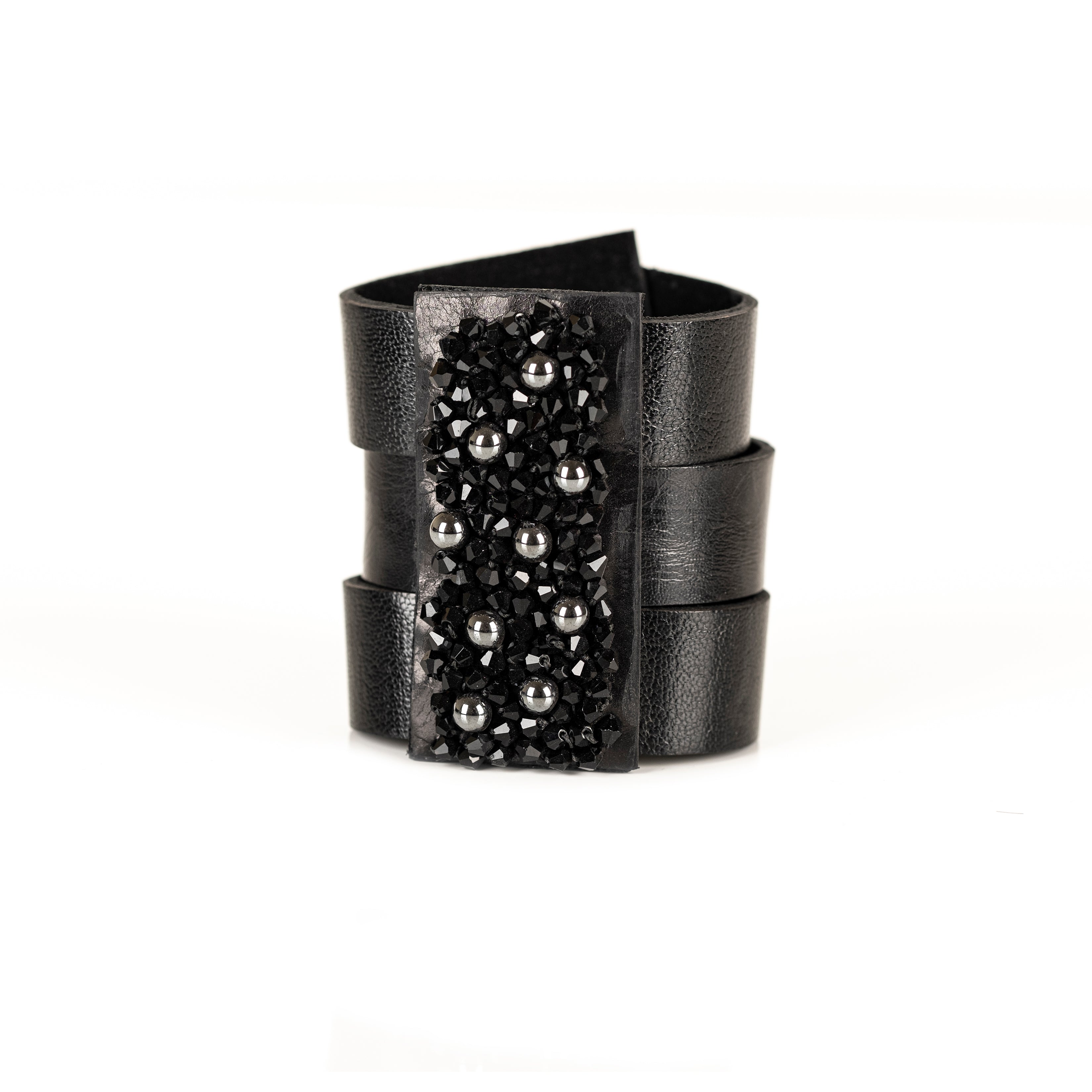 Black leather statement cuff bracelet with dense black crystal cluster and metallic beads, handmade bracelet by THE DARK