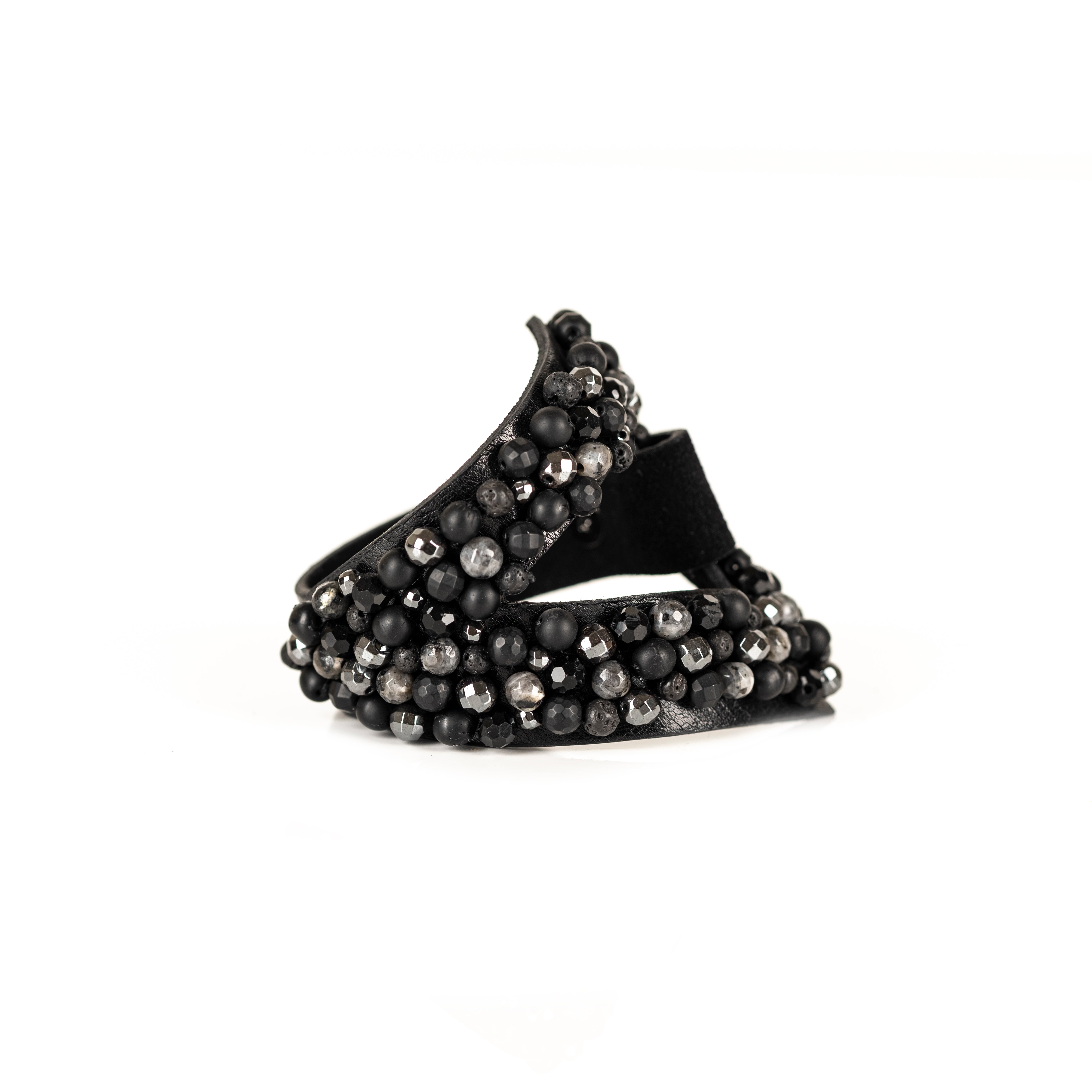 Black leather bracelet with hematite and crystal bead clusters, handmade statement leather bracelet by THE DARK