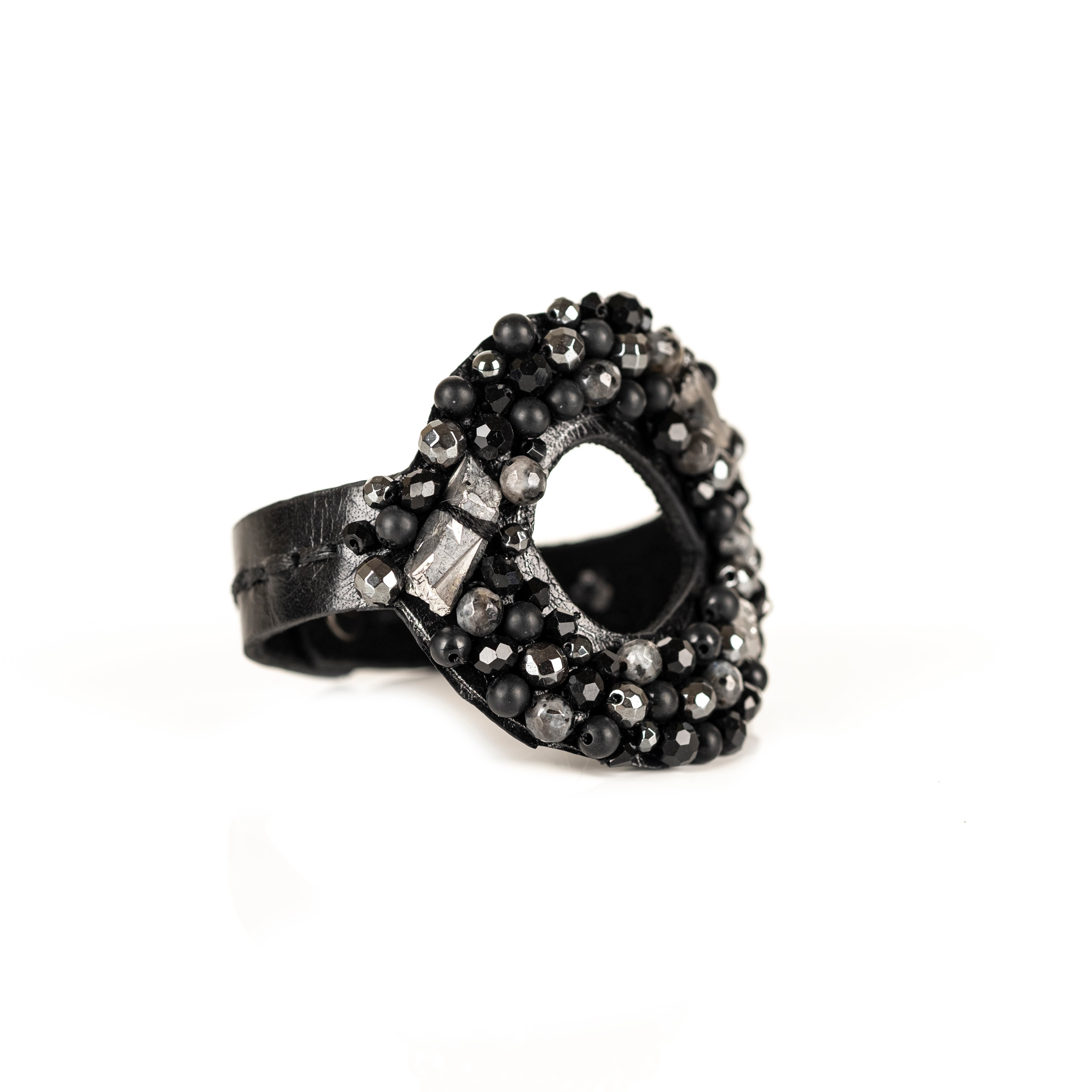 Black leather cuff bracelet with hematite beads and crystal embellishments, handmade statement bracelet by THE DARK