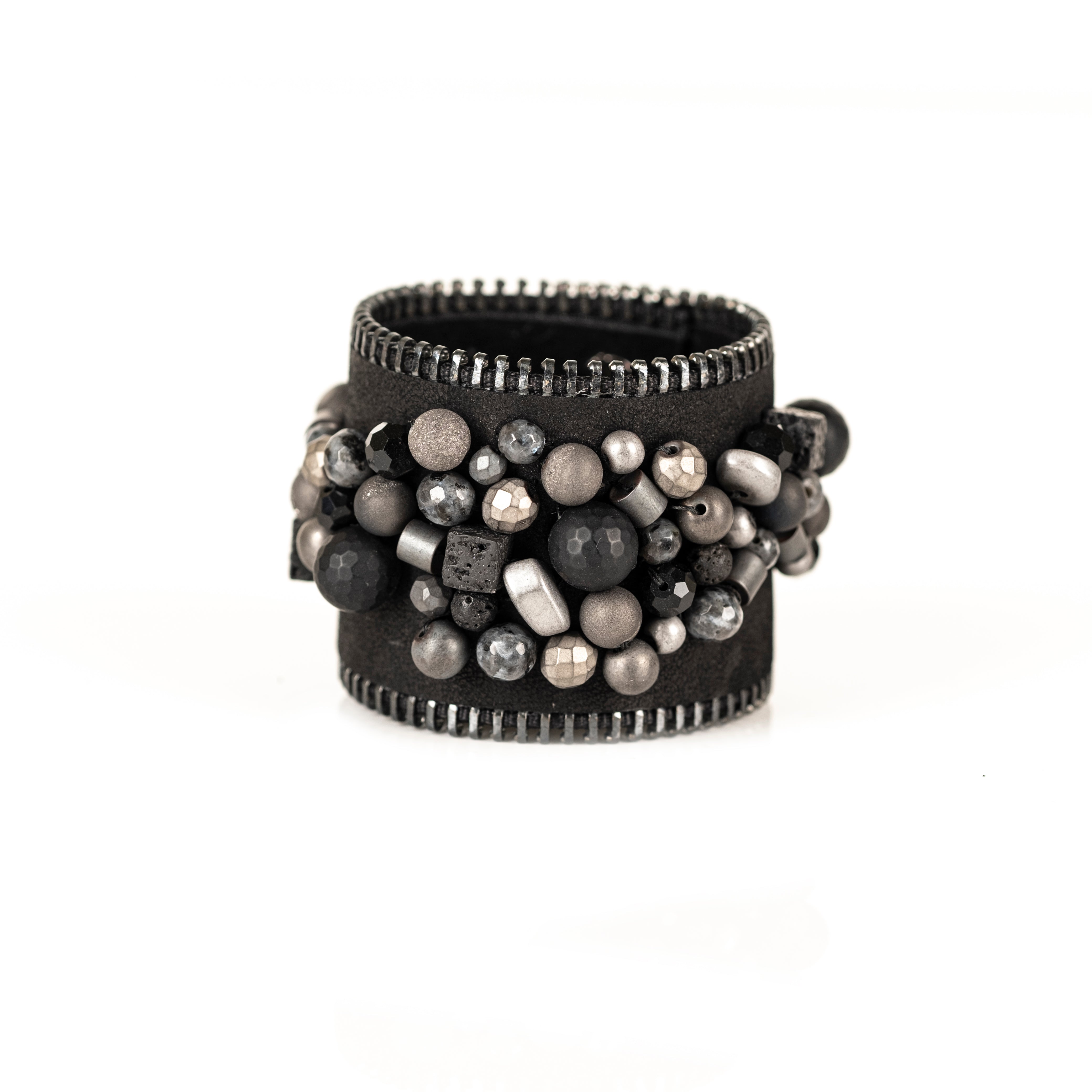 Black leather cuff bracelet with mixed stone cluster and zipper edge detailing, handmade statement bracelet by THE DARK
