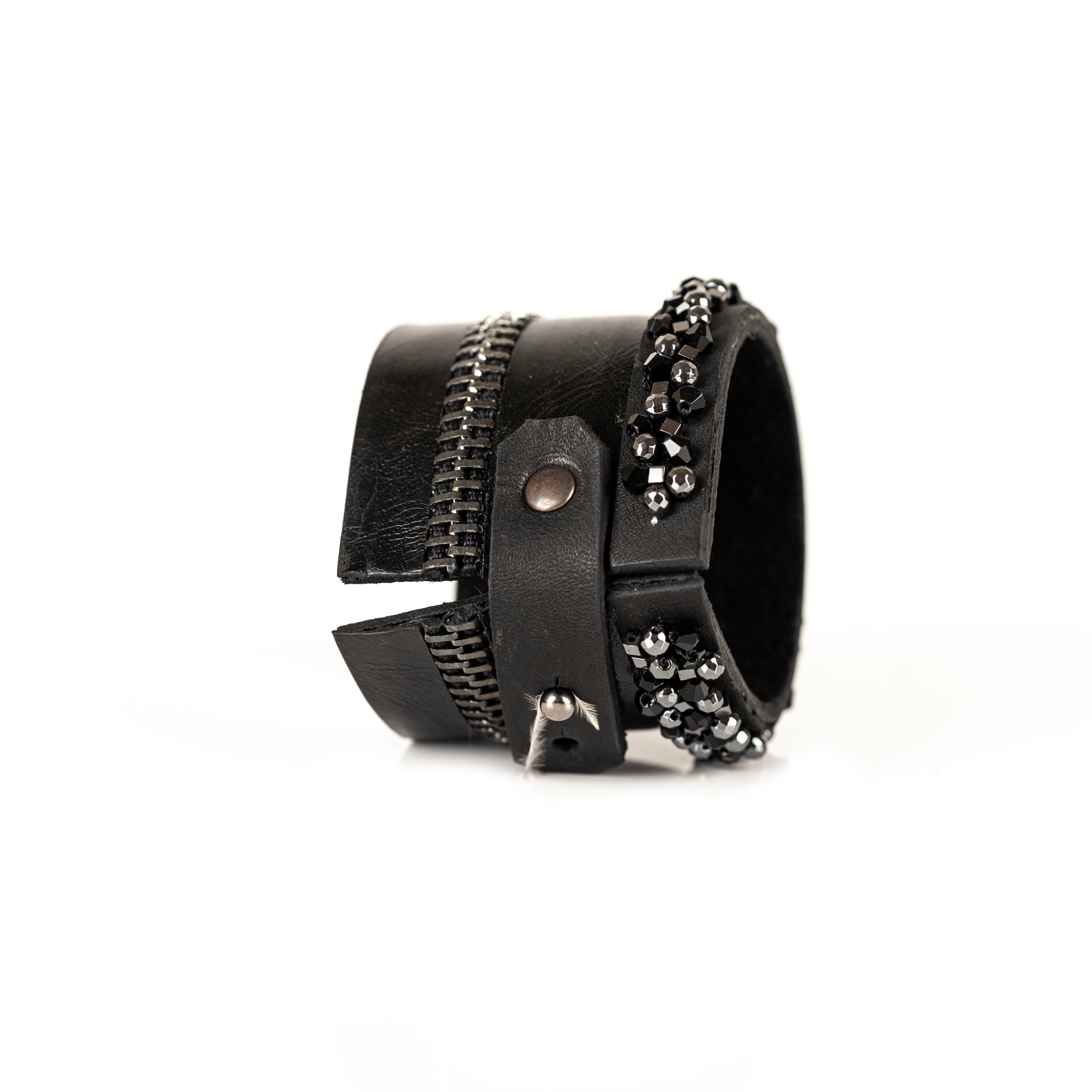 Black leather cuff bracelet with crystal edge and zipper detail, handmade statement bracelet by THE DARK