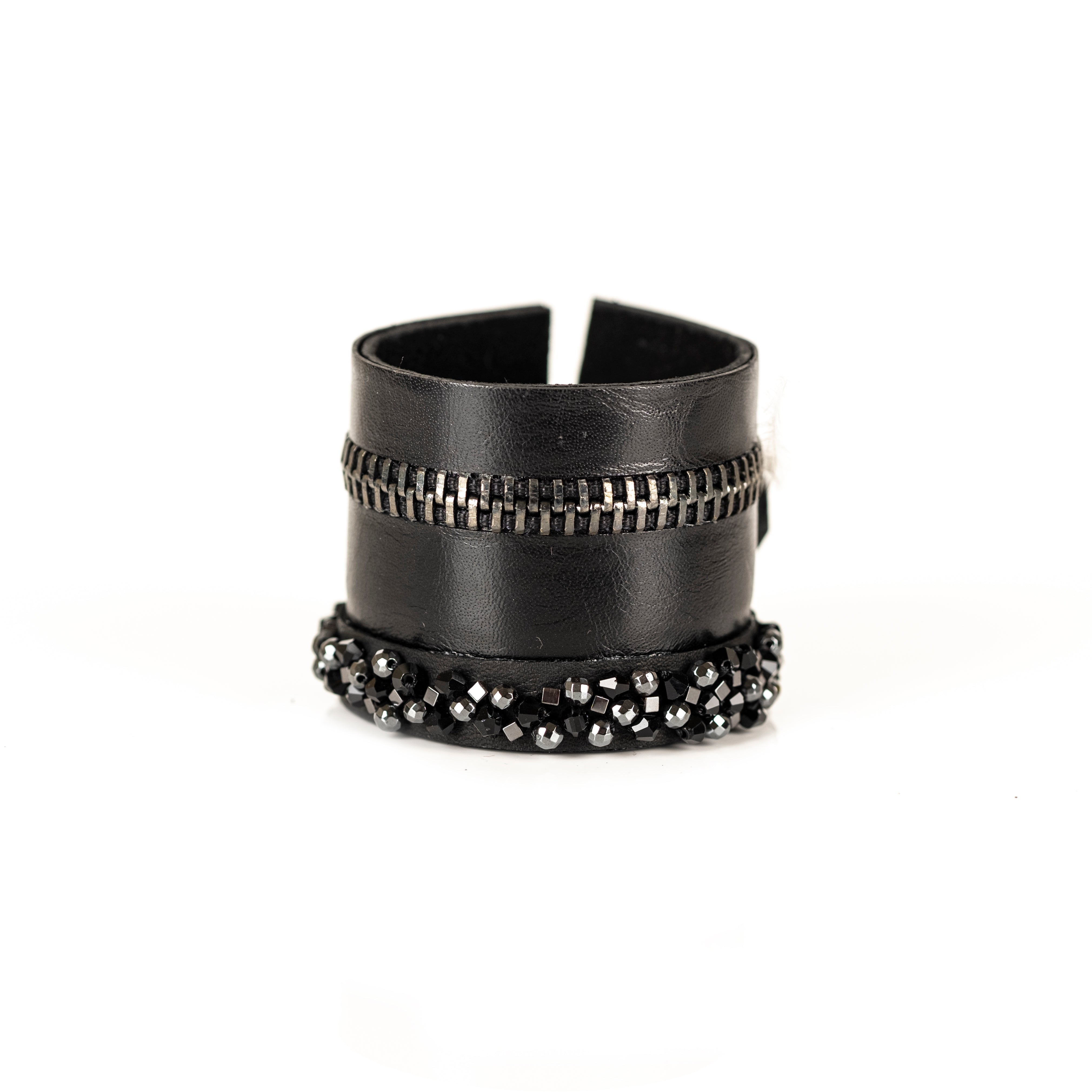 Black leather cuff bracelet with crystal edge and zipper detail, handmade statement bracelet by THE DARK
