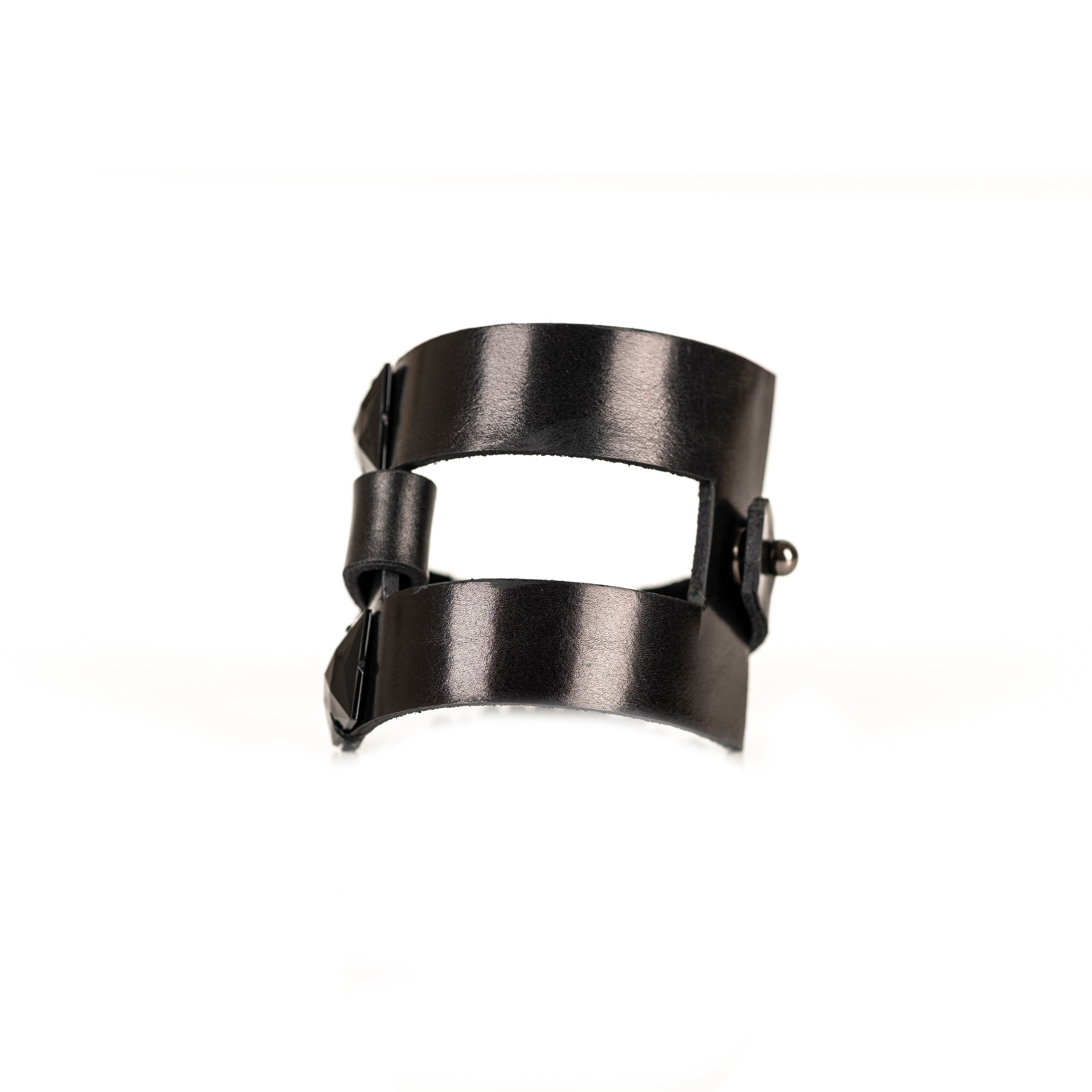 Black leather cuff bracelet with pyramid-cut black crystals and layered leather bands, handmade statement bracelet by THE DARK