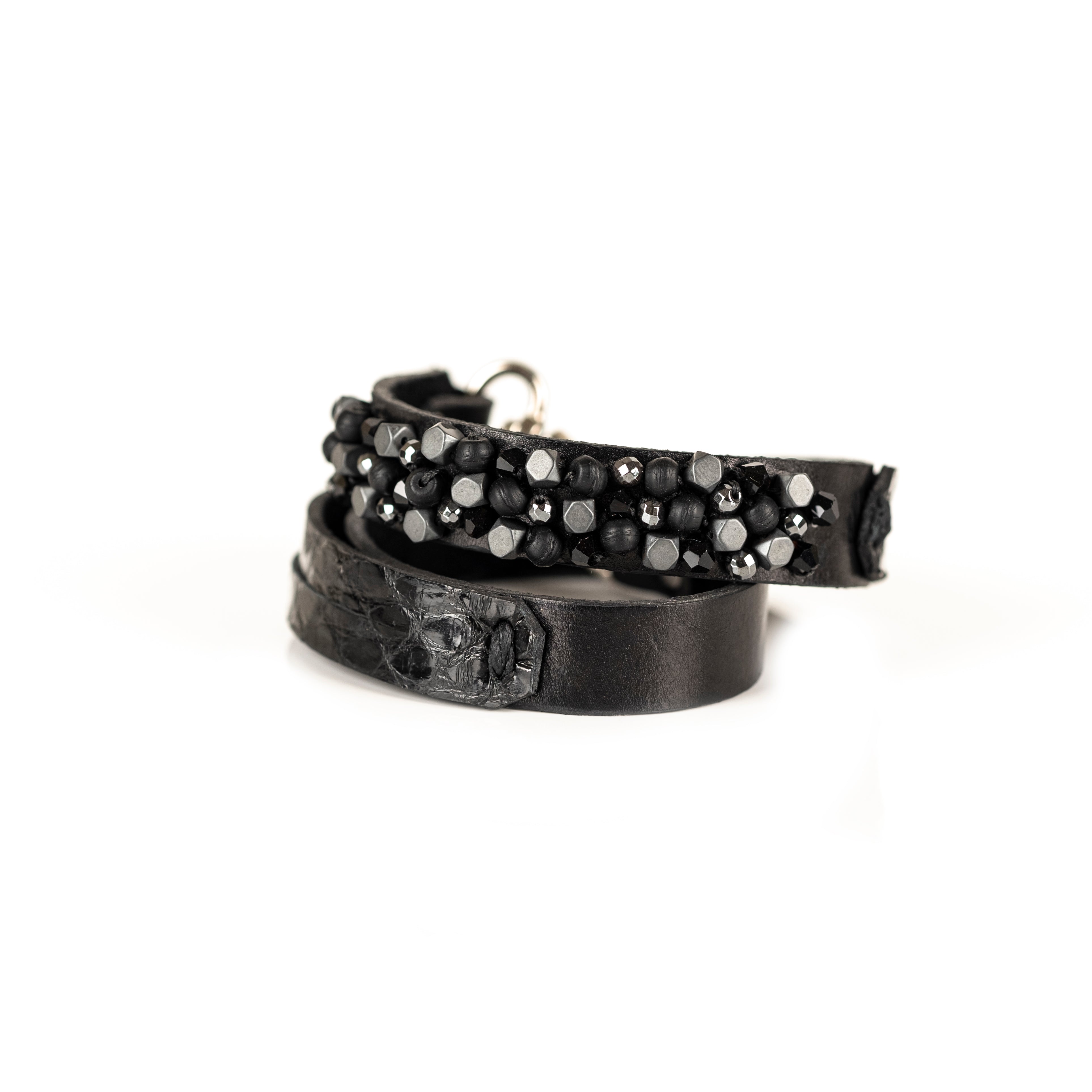 Black leather bracelet with faceted crystal bead band and adjustable leather strap, handmade by THE DARK