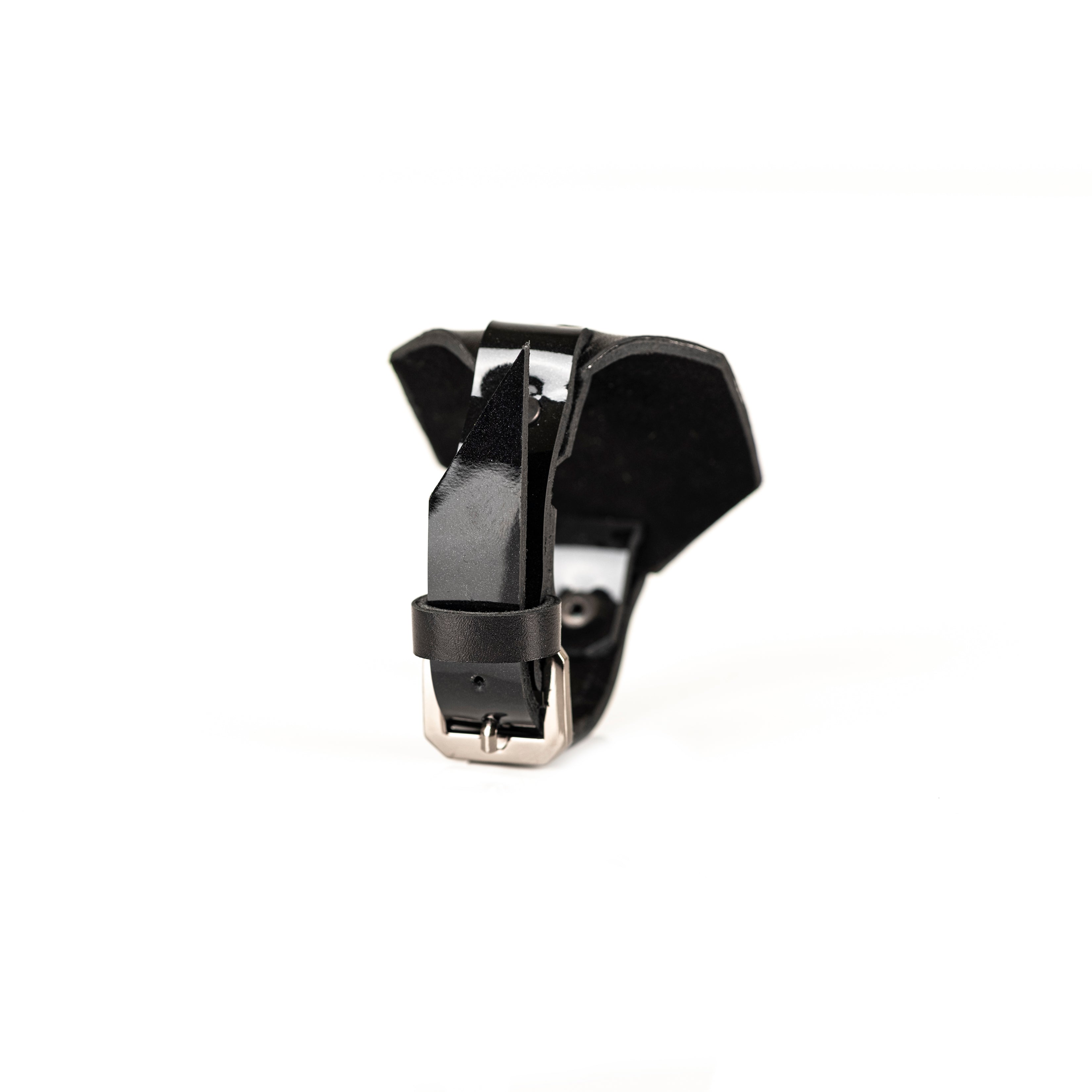 Black leather statement bracelet with geometric metal grid centerpiece, handmade dark fashion cuff by THE DARK

