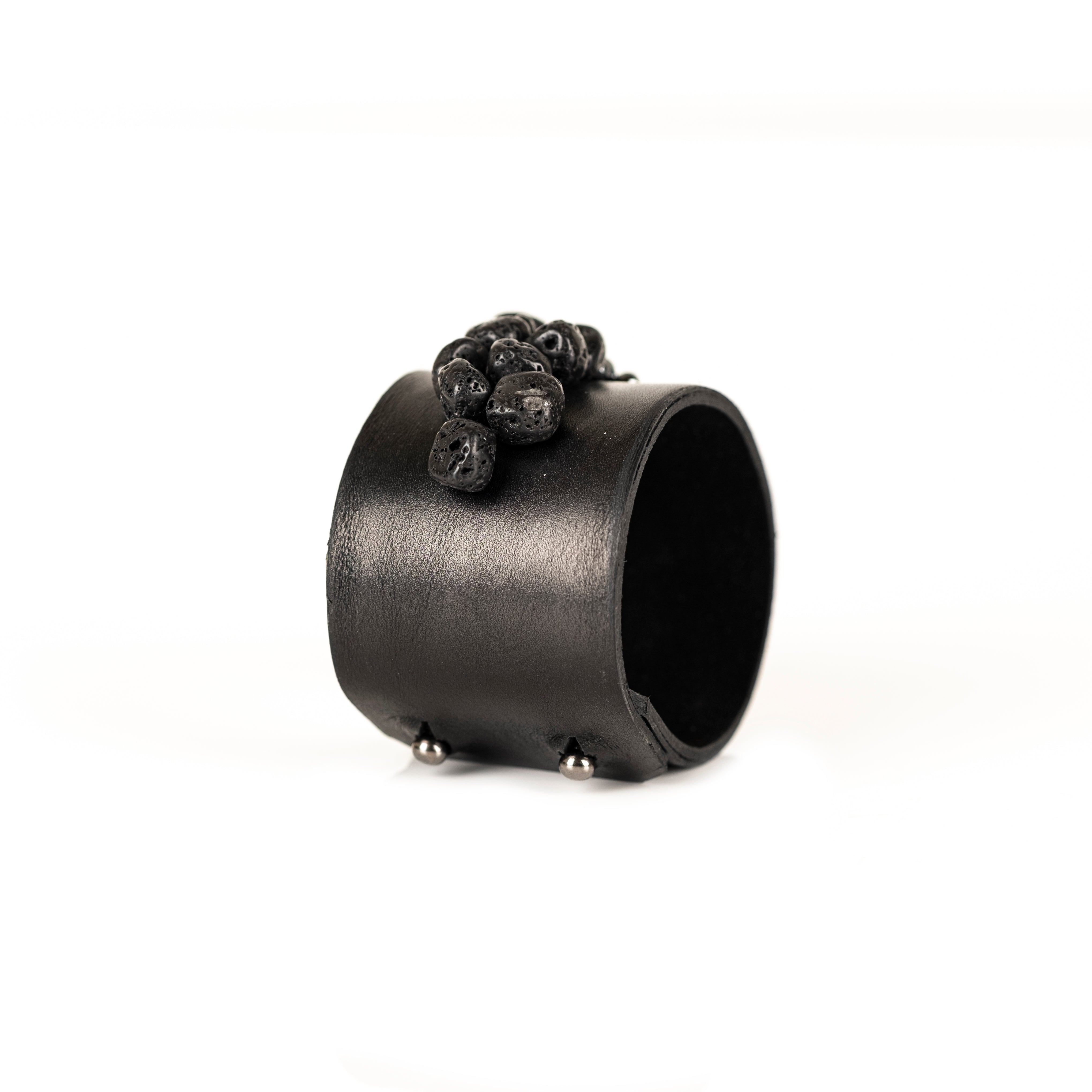 Black leather cuff bracelet with cascading metallic bead and lava stone detail, handmade statement bracelet by THE DARK