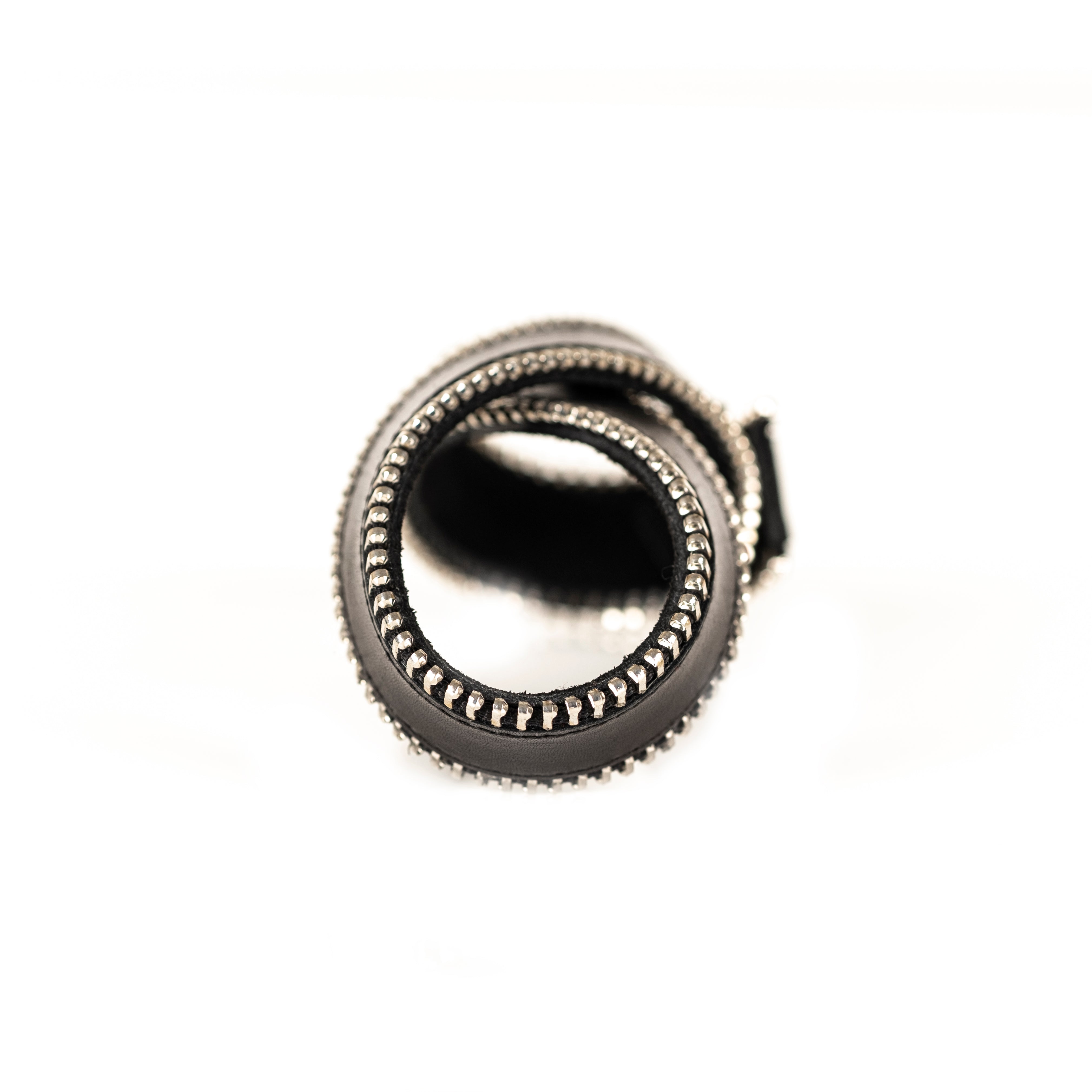 Black leather bracelet with double silver zipper edges, handmade industrial leather cuff bracelet by THE DARK