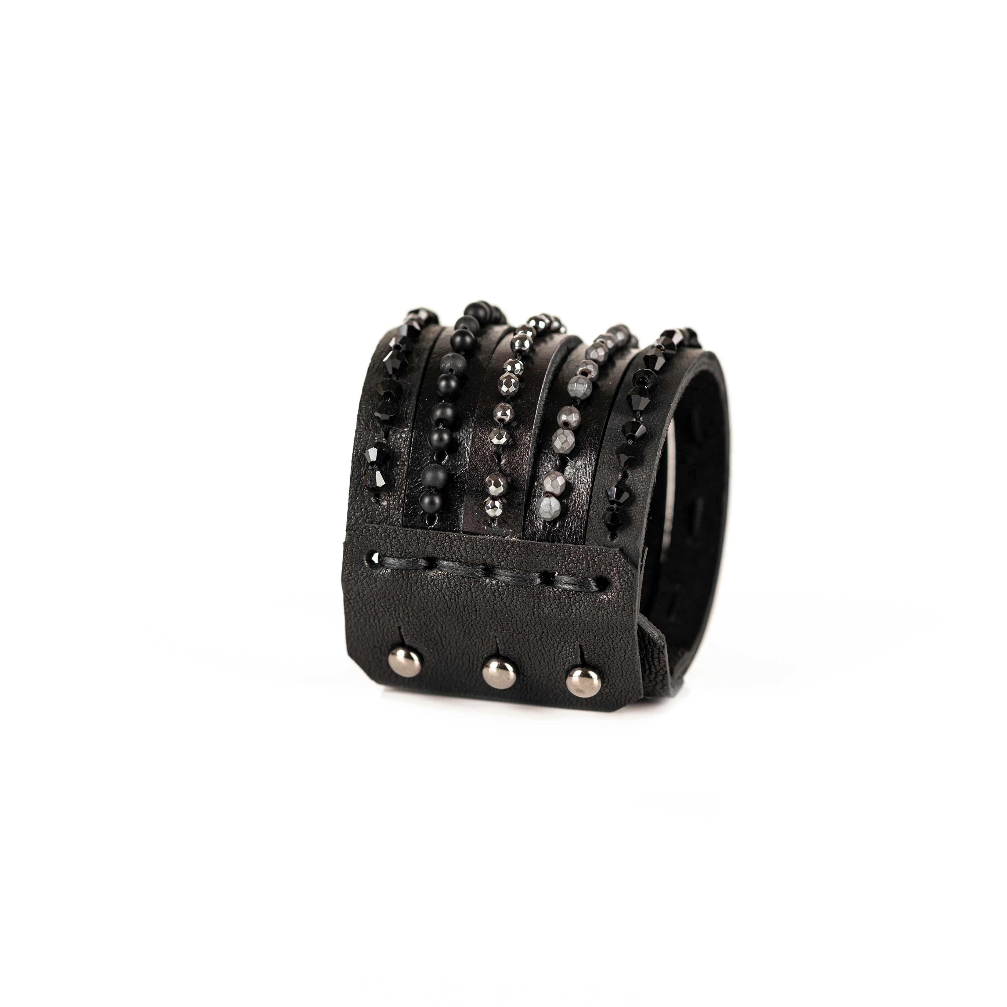 Black leather cuff bracelet with layered hematite and black crystal bead rows, handmade statement bracelet by THE DARK