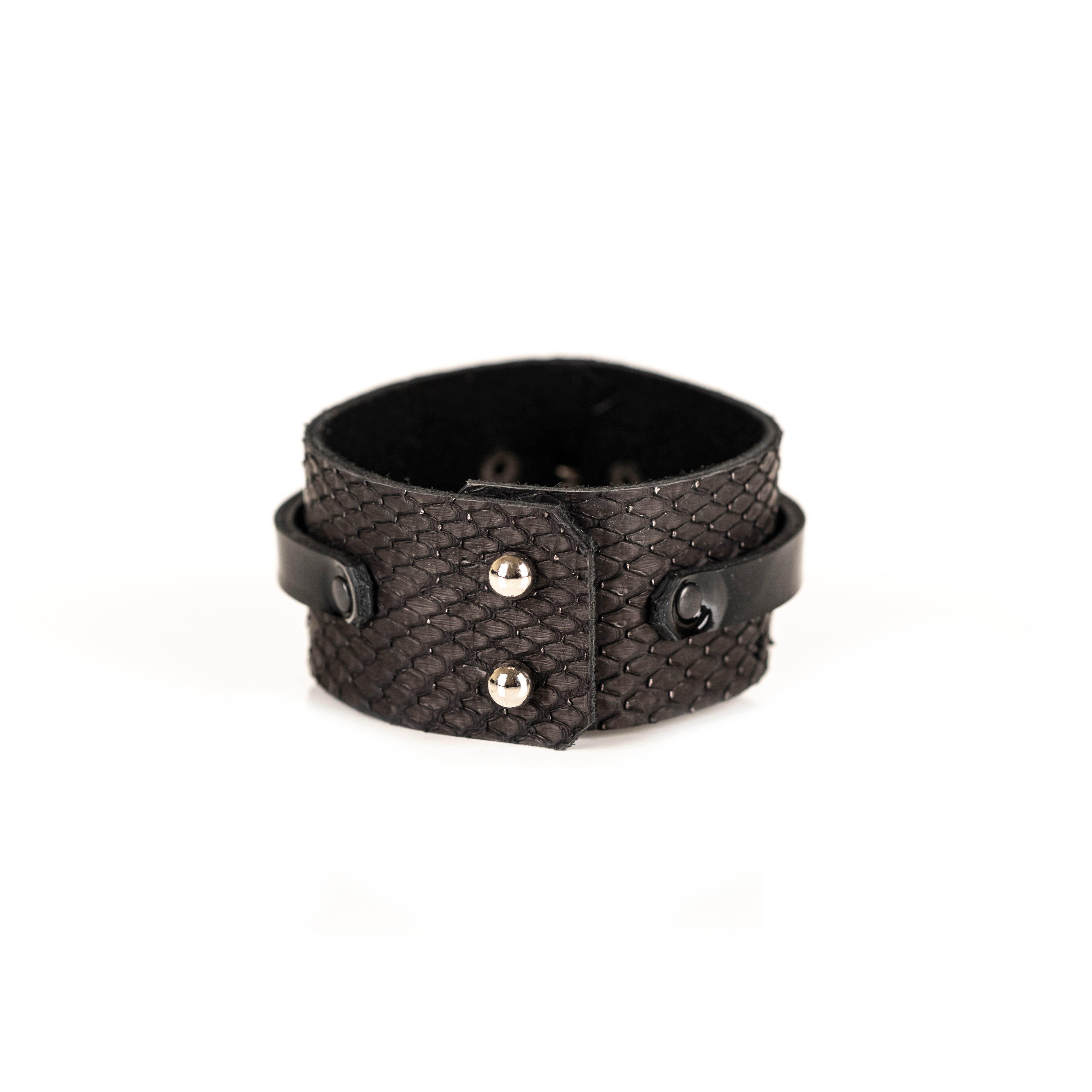 Black python leather cuff bracelet with geometric cube crystals and glossy leather band, handmade statement bracelet by THE DARK