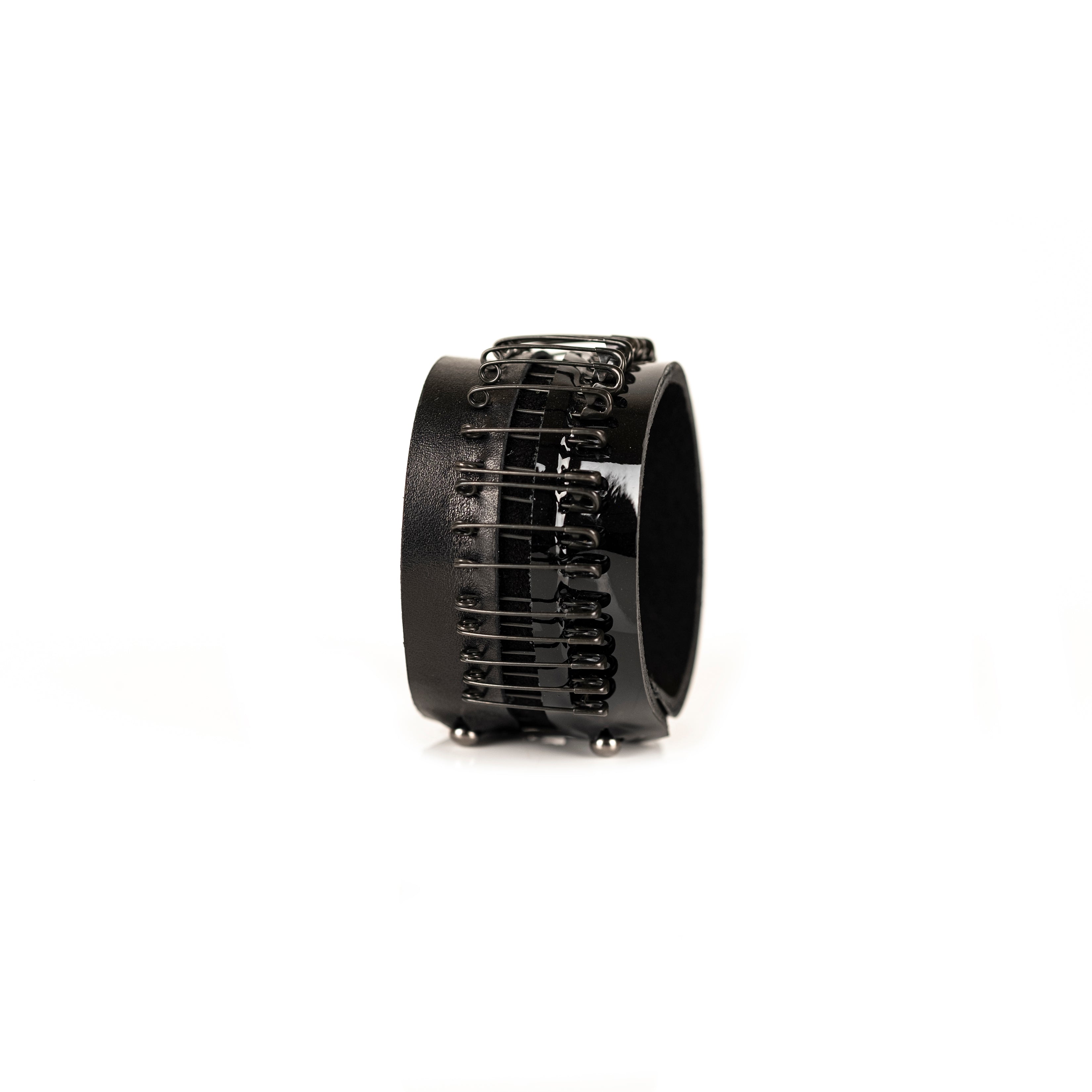 Black leather bracelet with industrial metal wire cage design, handmade avant-garde cuff by THE DARK