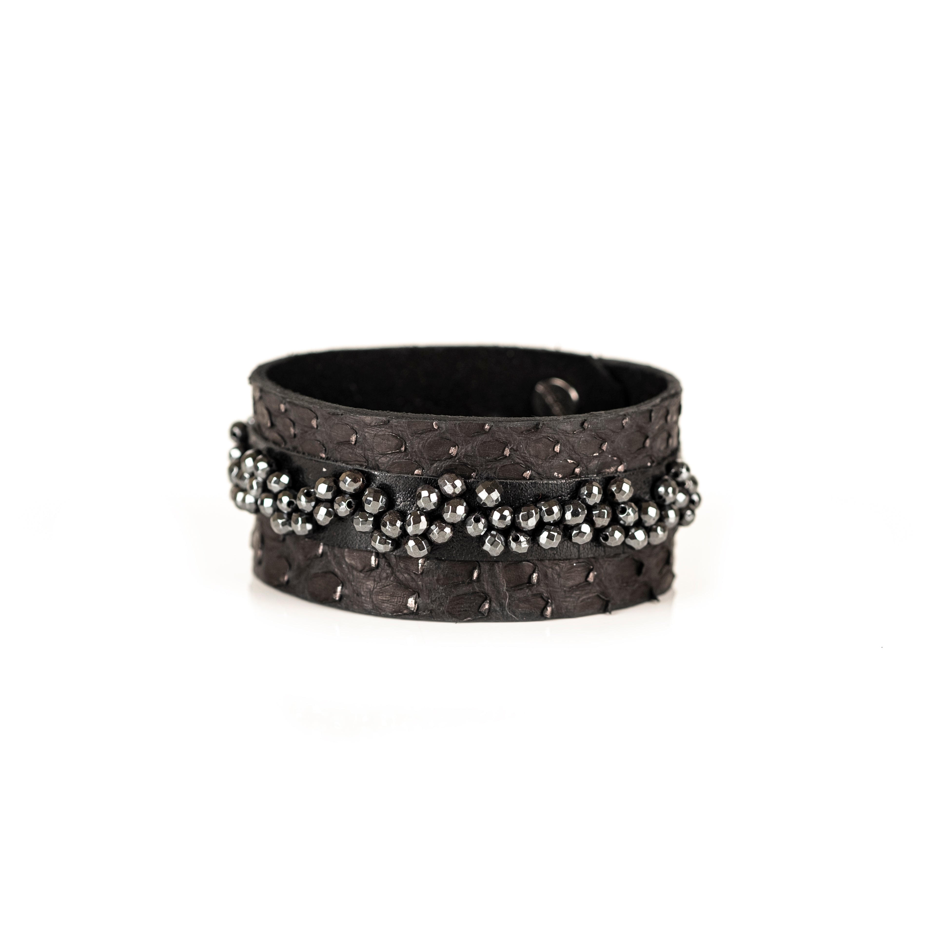 Black python texture leather bracelet with metallic bead strands, handmade statement cuff by THE DARK