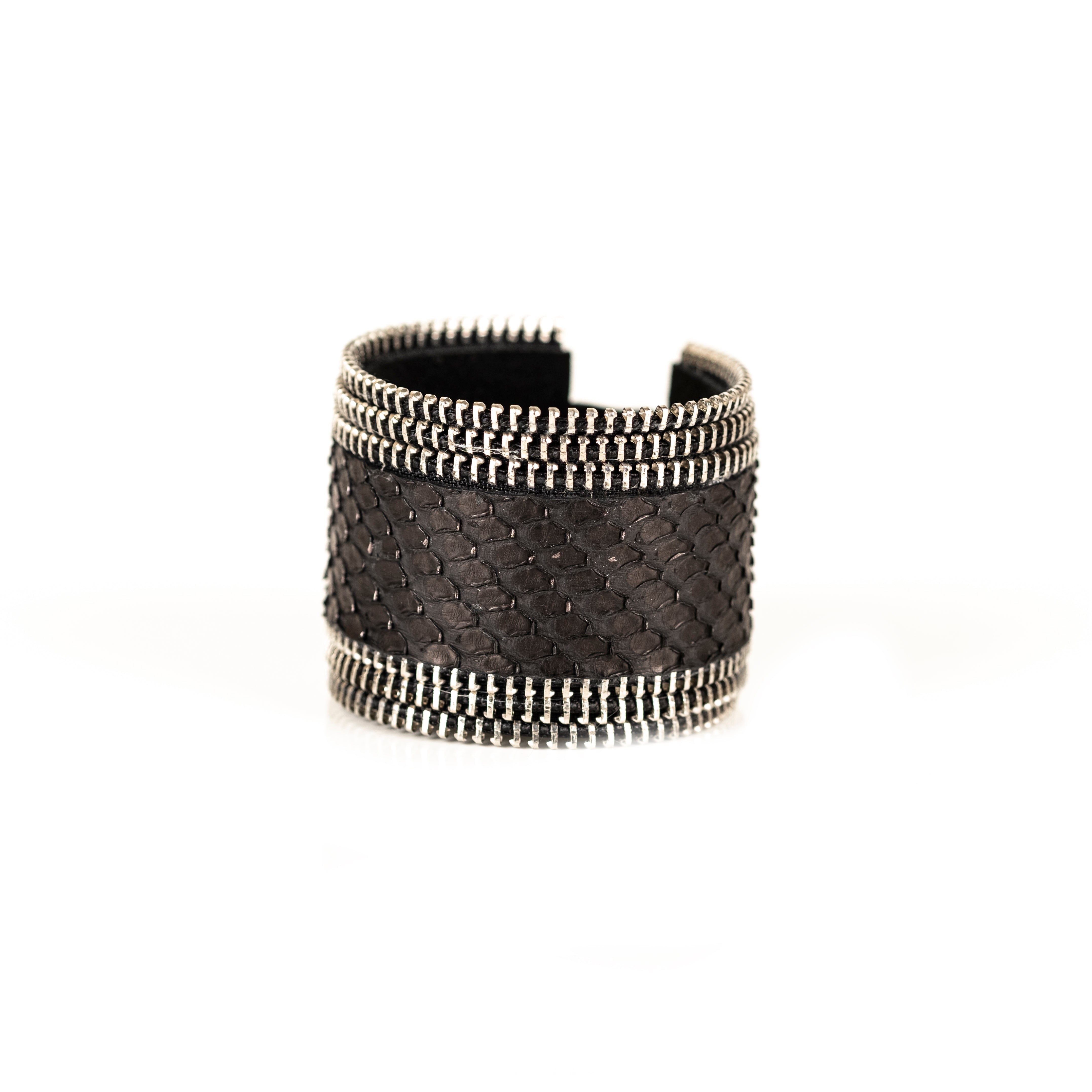 Black python leather cuff bracelet with metallic zipper edges, handmade exotic statement bracelet by THE DARK