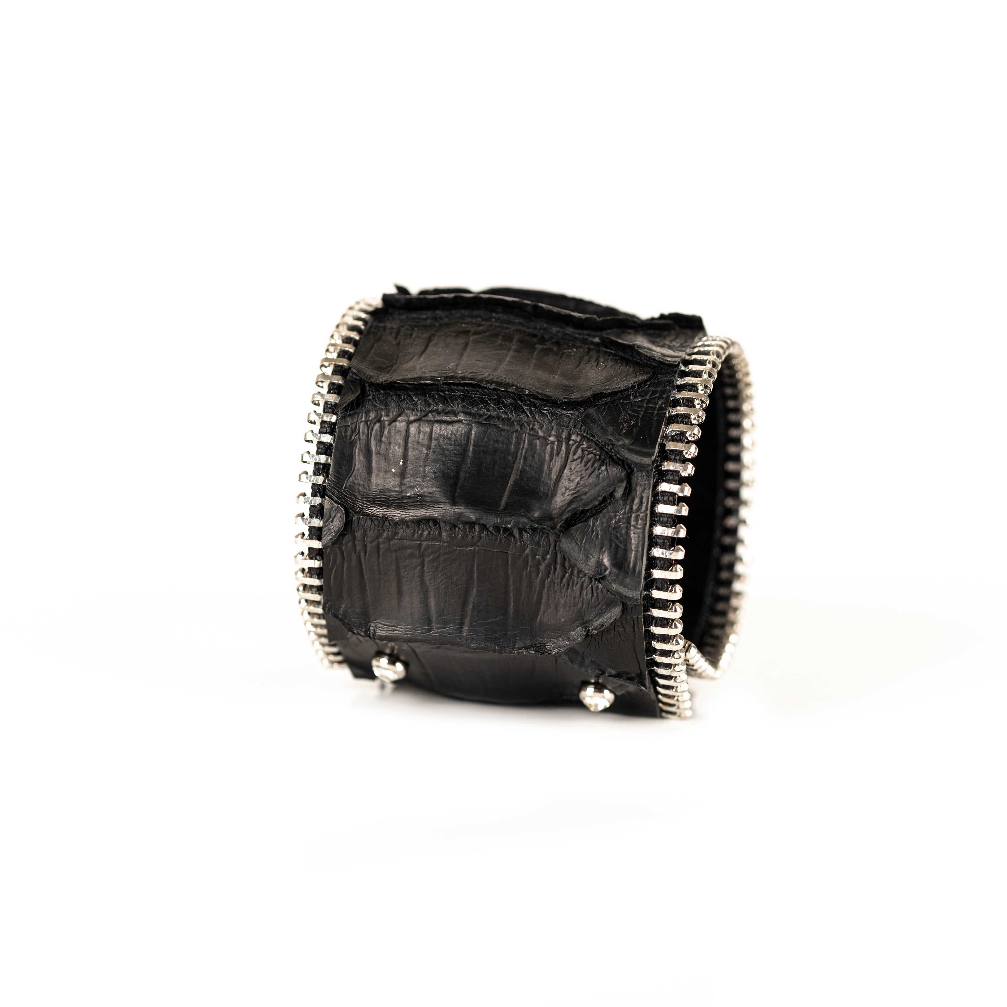 Black crocodile texture leather cuff bracelet with metal zipper edges, handmade luxury statement bracelet by THE DARK

