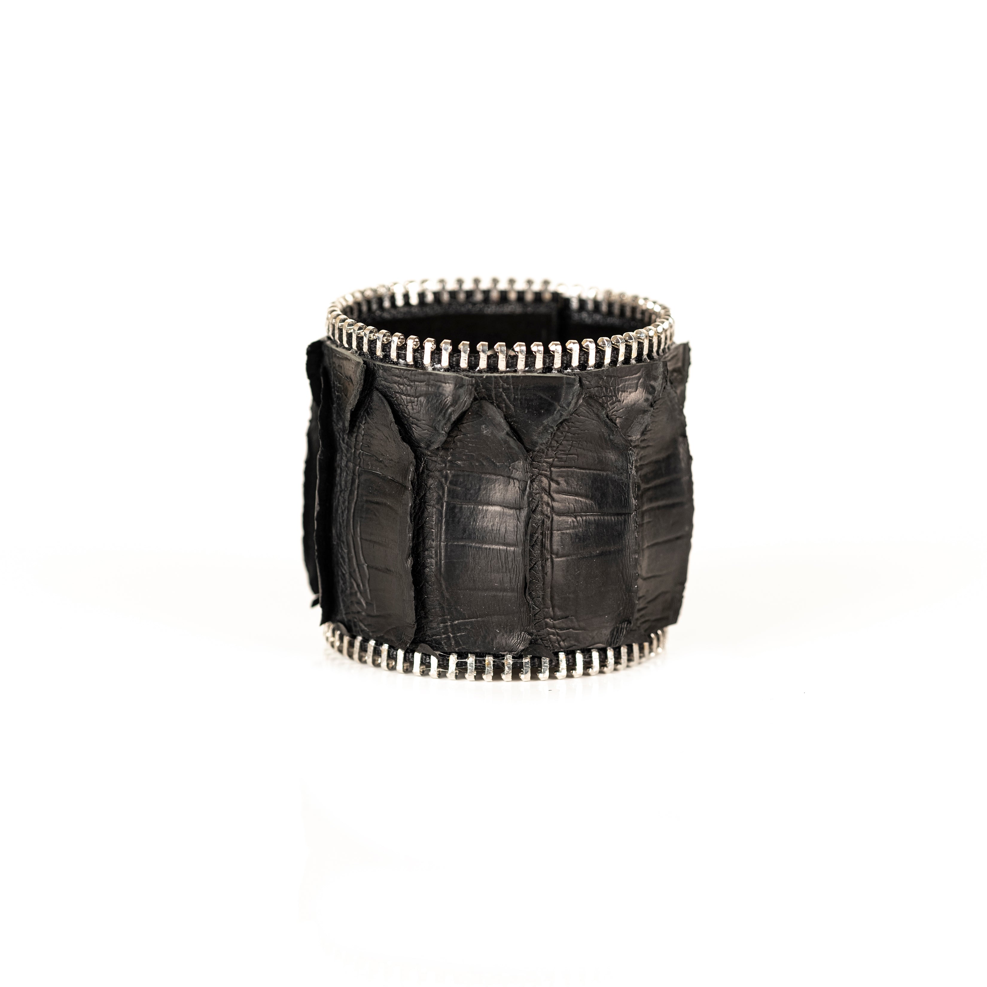 Black crocodile texture leather cuff bracelet with metal zipper edges, handmade luxury statement bracelet by THE DARK

