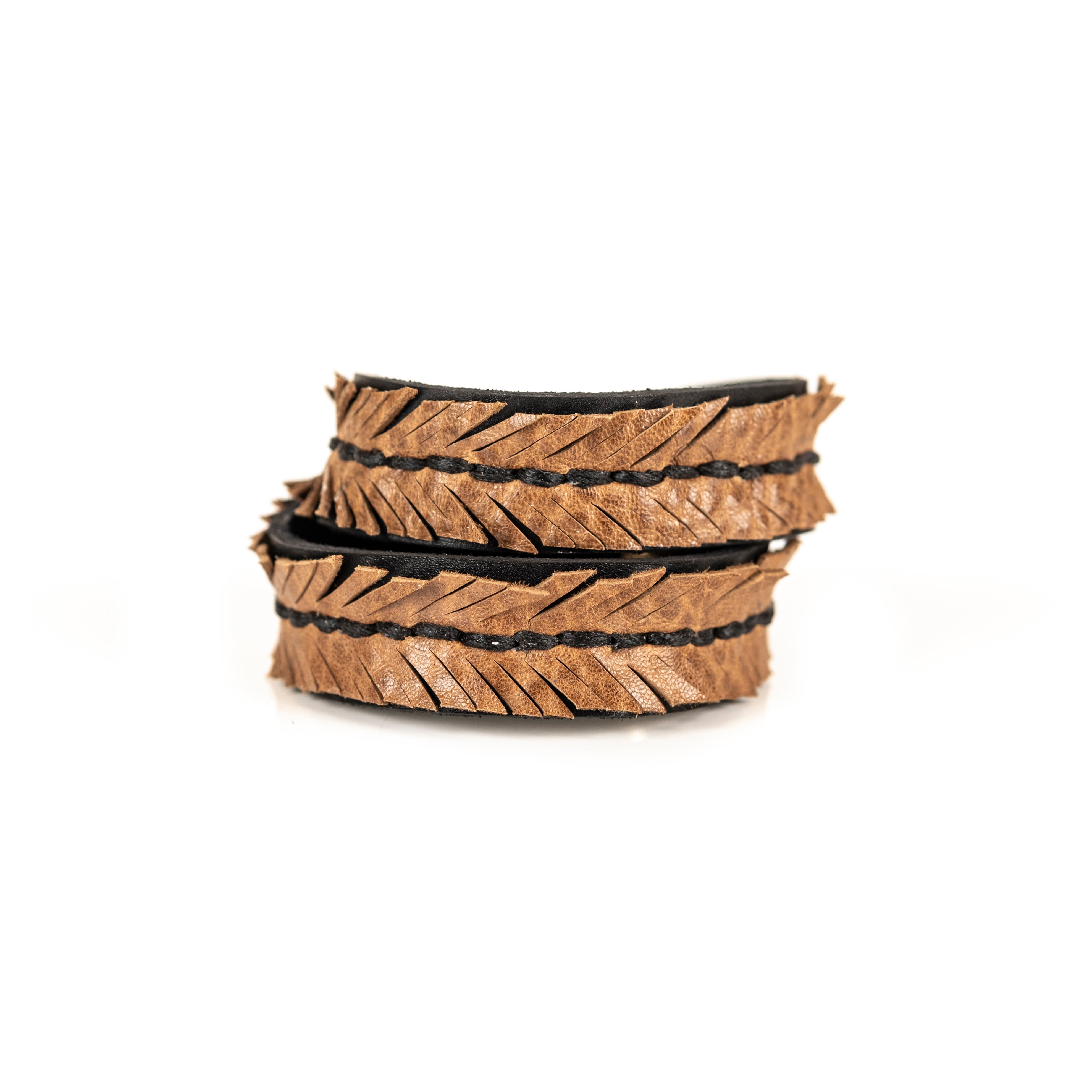 Tan leather wrap bracelet with feather textured pattern and braided center detail, handmade bracelet by THE DARK