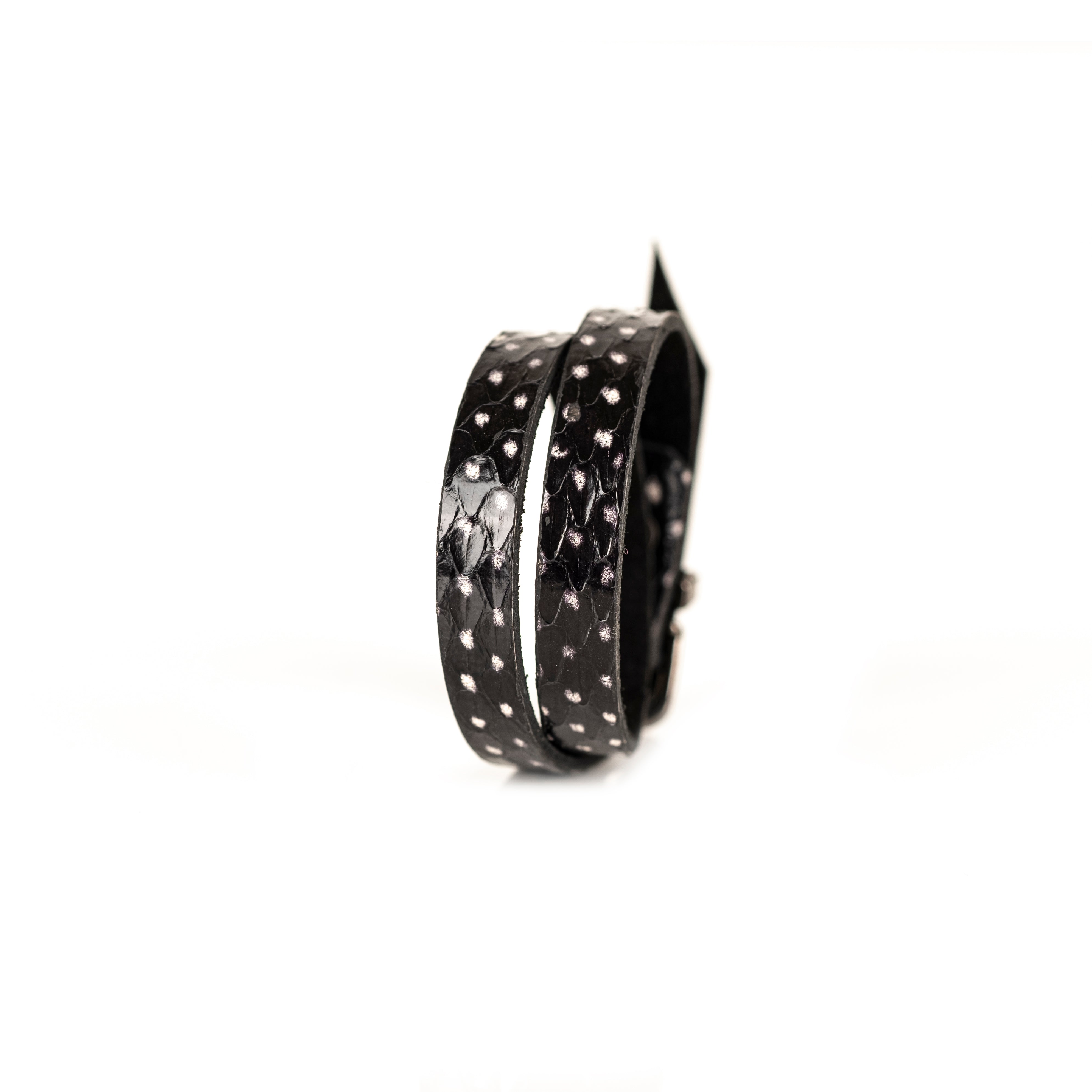 Black stingray leather double wrap bracelet with natural pearl texture, handmade exotic leather bracelet by THE DARK.