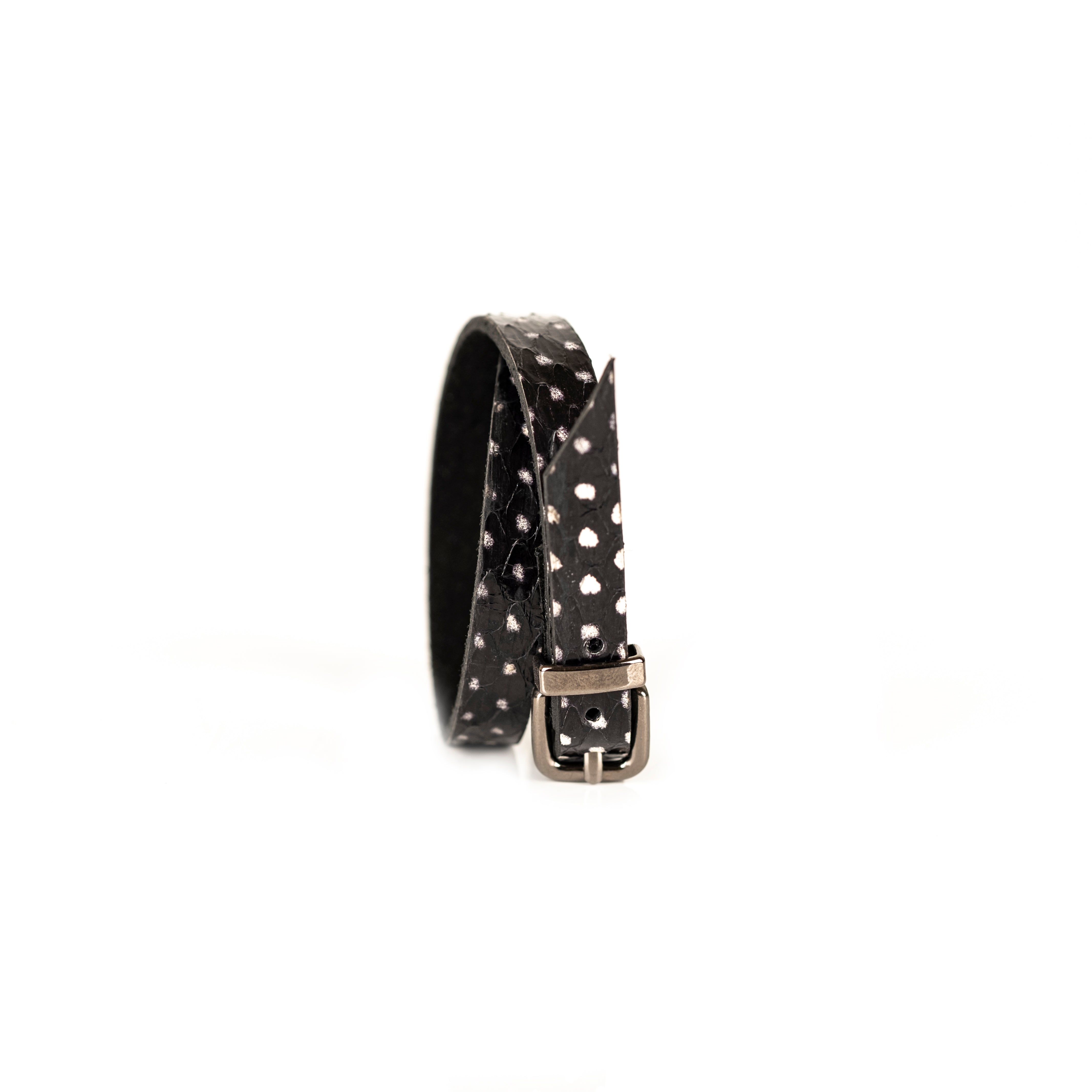 Black stingray leather double wrap bracelet with natural pearl texture, handmade exotic leather bracelet by THE DARK.