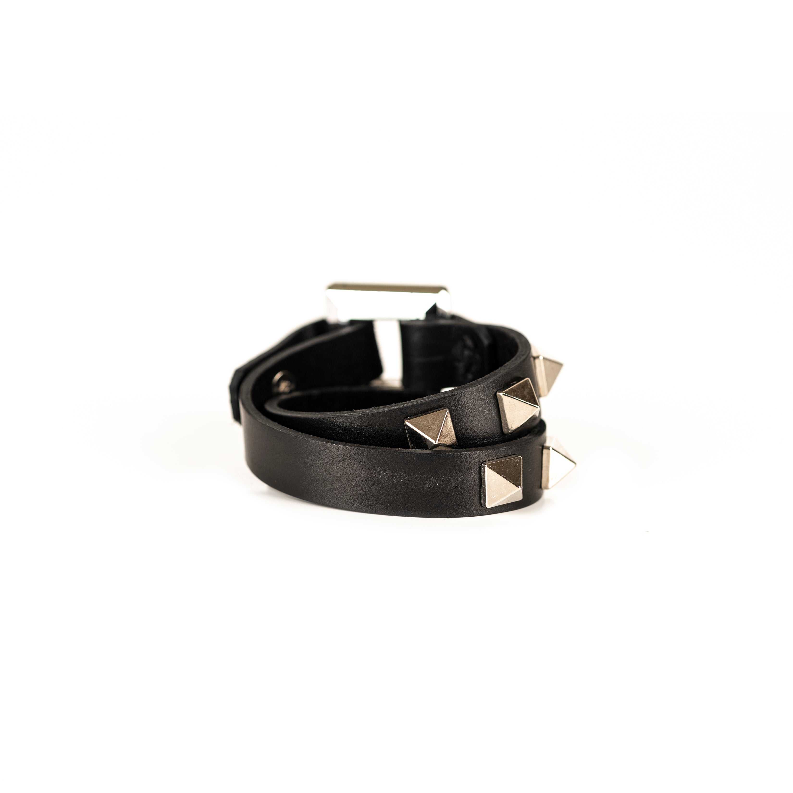 Black leather bracelet with large rectangular crystal centerpiece and metal pyramid studs, handmade statement cuff by THE DARK