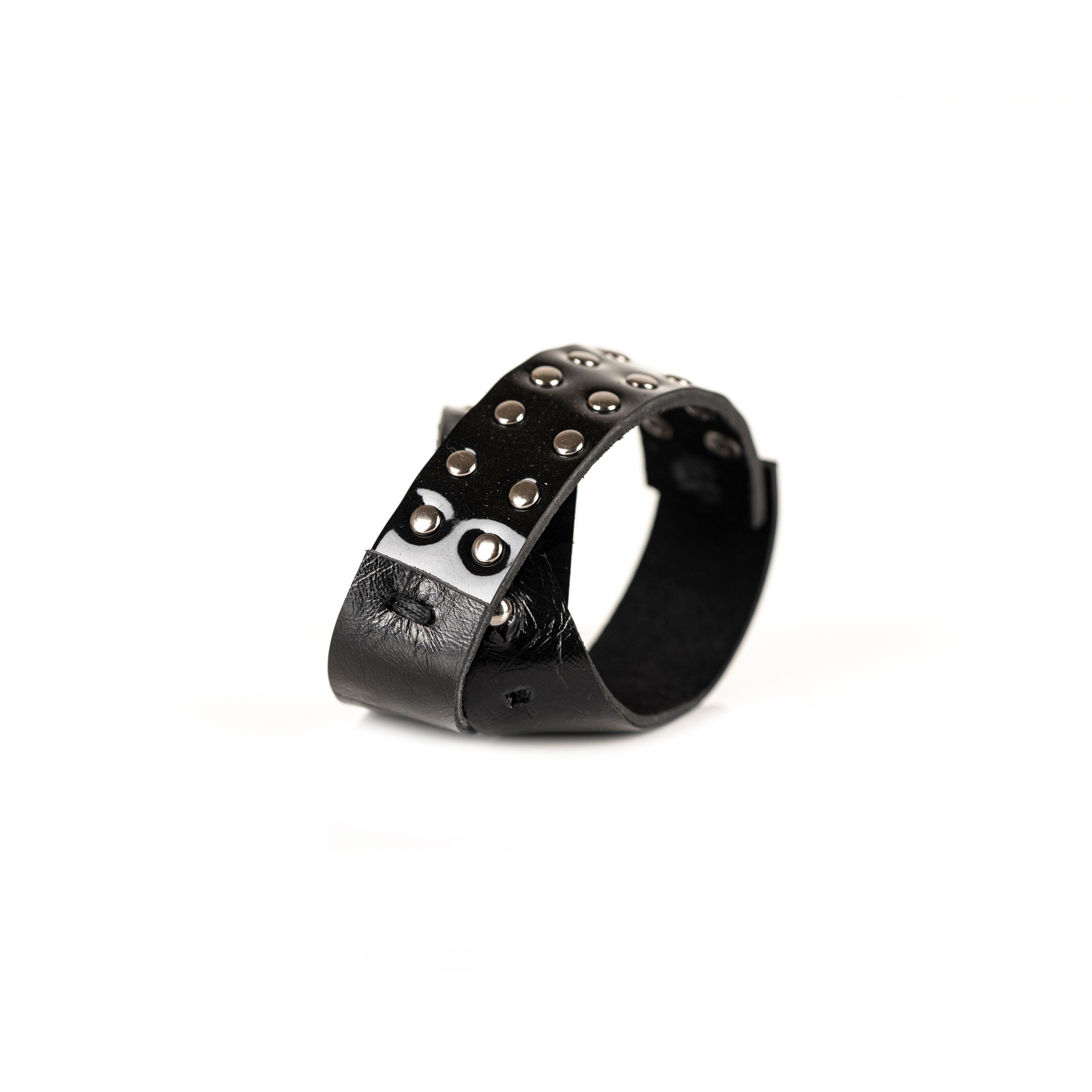Black double strap leather bracelet with round metal studs, handmade minimalist statement bracelet by THE DARK