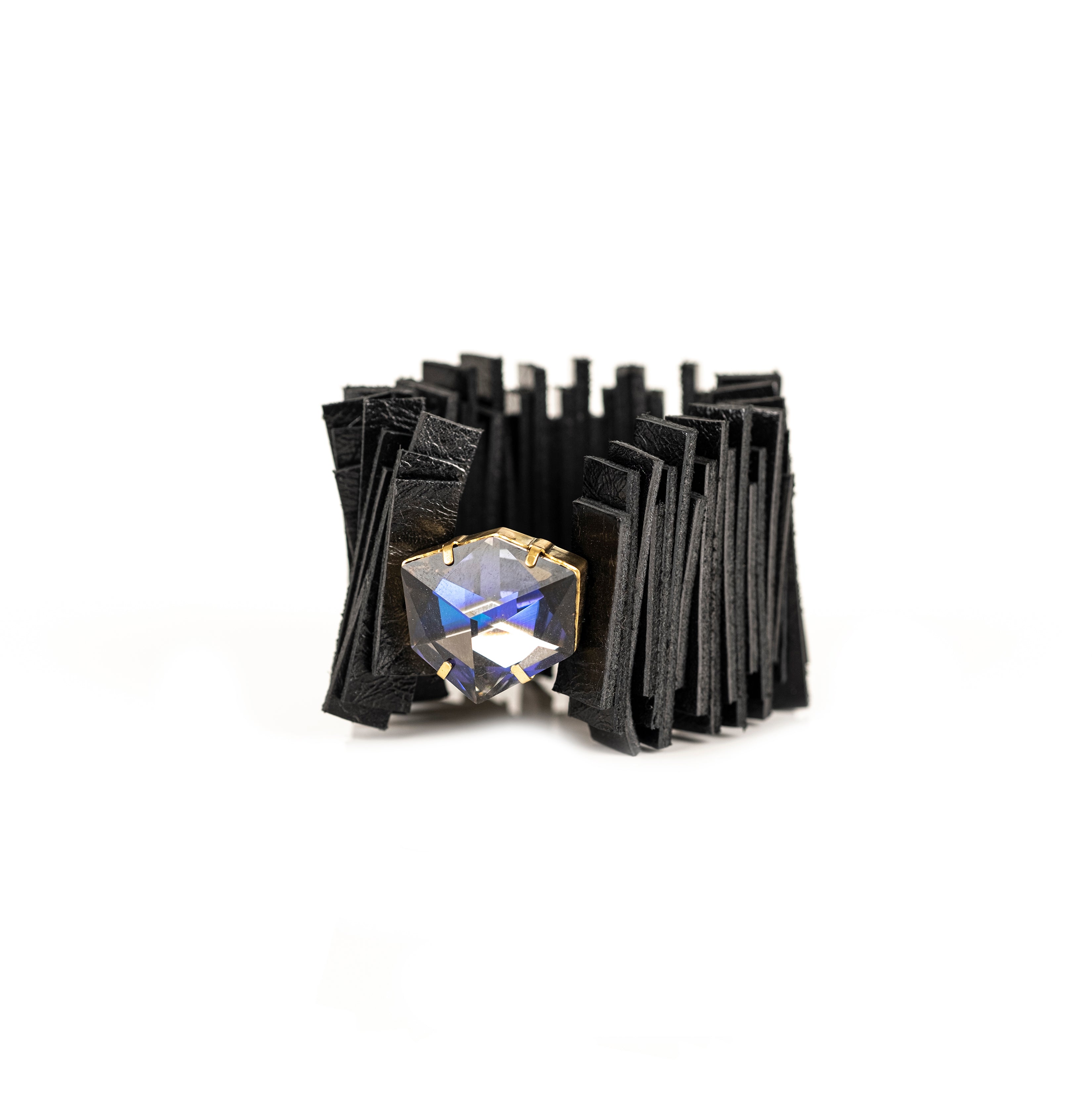 Black fringe leather bracelet with faceted crystal prism centerpiece, sculptural handmade statement cuff by THE DARK