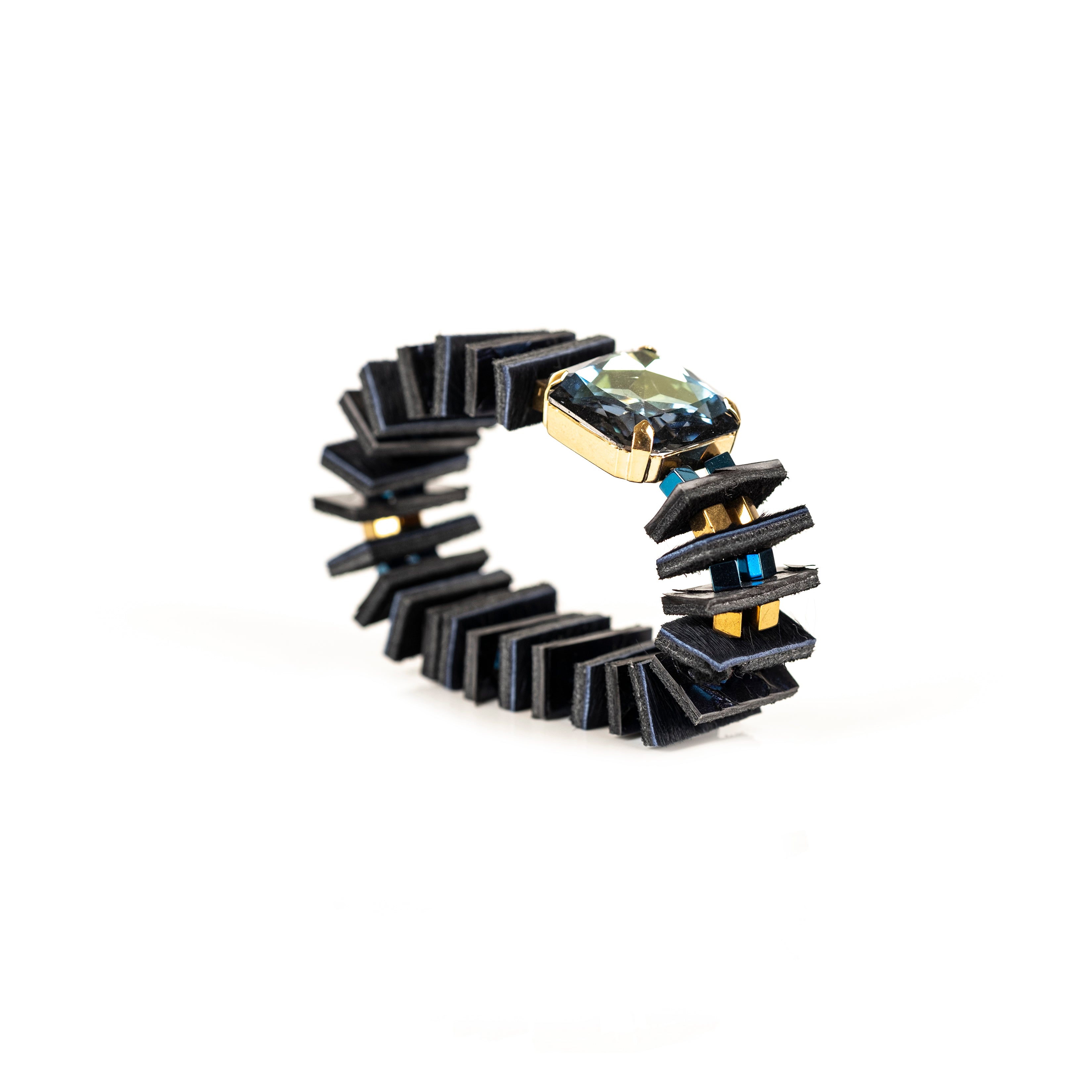 Black layered leather bracelet with large crystal prism and metallic accents, handmade statement bracelet by THE DARK